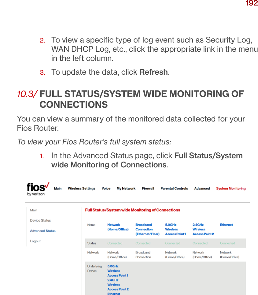 192verizon.com/ﬁos      |      ©2016 Verizon. All Rights Reserved./ MONITORINGYOUR FIOS ROUTER2.   To view a speciﬁc type of log event such as Security Log, WAN DHCP Log, etc., click the appropriate link in the menu in the left column. 3.  To update the data, click Refresh.10.3/  FULL STATUS/SYSTEM WIDE MONITORING OF CONNECTIONSYou can view a summary of the monitored data collected for your Fios Router.To view your Fios Router’s full system status:1.   In the Advanced Status page, click Full Status/System wide Monitoring of Connections.