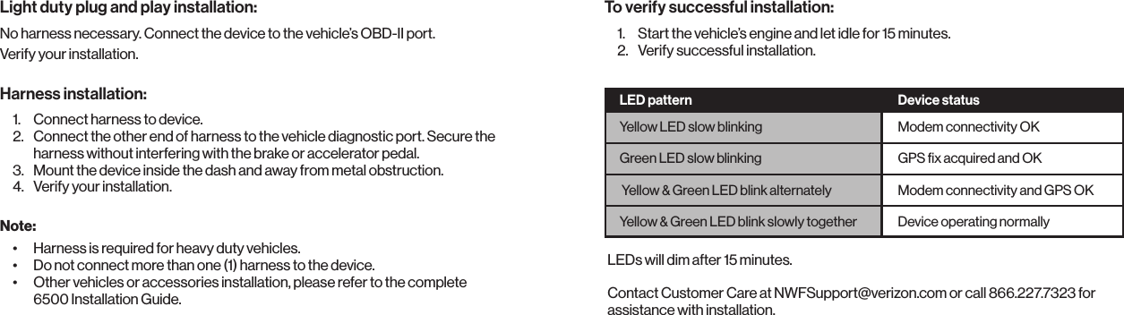Light duty plug and play installation:No harness necessary. Connect the device to the vehicle&rsquo;s OBD-II port.Verify your installation.Harness installation: 1.  Connect harness to device.2.  Connect the other end of harness to the vehicle diagnostic port. Secure the harness without interfering with the brake or accelerator pedal.3.  Mount the device inside the dash and away from metal obstruction.4.  Verify your installation.Note:&bull;  Harness is required for heavy duty vehicles.&bull;  Do not connect more than one (1) harness to the device.&bull;  Other vehicles or accessories installation, please refer to the complete 6500 Installation Guide.To verify successful installation:1.  Start the vehicle&rsquo;s engine and let idle for 15 minutes.2.  Verify successful installation.LEDs will dim after 15 minutes. Contact Customer Care at NWFSupport@verizon.com or call 866.227.7323 for assistance with installation.Yellow LED slow blinkingGreen LED slow blinking Yellow &amp; Green LED blink alternatelyYellow &amp; Green LED blink slowly togetherModem connectivity OK GPS ﬁx acquired and OKModem connectivity and GPS OKDevice operating normallyLED pattern Device status