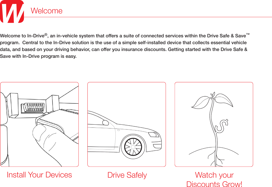 WelcomeWWelcome to In-Drive&reg;, an in-vehicle system that offers a suite of connected services within the Drive Safe &amp; Save&trade; program.  Central to the In-Drive solution is the use of a simple self-installed device that collects essential vehicle data, and based on your driving behavior, can offer you insurance discounts. Getting started with the Drive Safe &amp; Save with In-Drive program is easy.  Install Your Devices Drive Safely Watch your Discounts Grow!