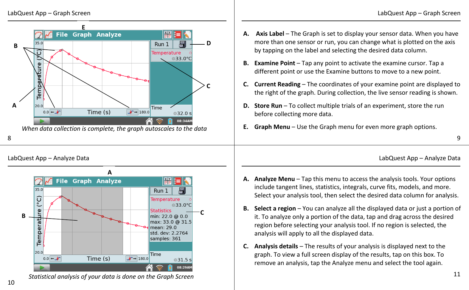  A.  Axis Label – The Graph is set to display your sensor data. When you have more than one sensor or run, you can change what is plotted on the axis by tapping on the label and selecting the desired data column.  B. Examine Point – Tap any point to activate the examine cursor. Tap a different point or use the Examine buttons to move to a new point.  C. Current Reading – The coordinates of your examine point are displayed to the right of the graph. During collection, the live sensor reading is shown.  D. Store Run – To collect multiple trials of an experiment, store the run before collecting more data.  E. Graph Menu – Use the Graph menu for even more graph options.    A. Analyze Menu – Tap this menu to access the analysis tools. Your options include tangent lines, statistics, integrals, curve fits, models, and more. Select your analysis tool, then select the desired data column for analysis.  B. Select a region – You can analyze all the displayed data or just a portion of it. To analyze only a portion of the data, tap and drag across the desired region before selecting your analysis tool. If no region is selected, the analysis will apply to all the displayed data.  C. Analysis details – The results of your analysis is displayed next to the graph. To view a full screen display of the results, tap on this box. To remove an analysis, tap the Analyze menu and select the tool again.  8 9 LabQuest App – Graph Screen LabQuest App – Analyze Data LabQuest App – Analyze Data 10 11 D E C B A LabQuest App – Graph Screen When data collection is complete, the graph autoscales to the data A C B Statistical analysis of your data is done on the Graph Screen 