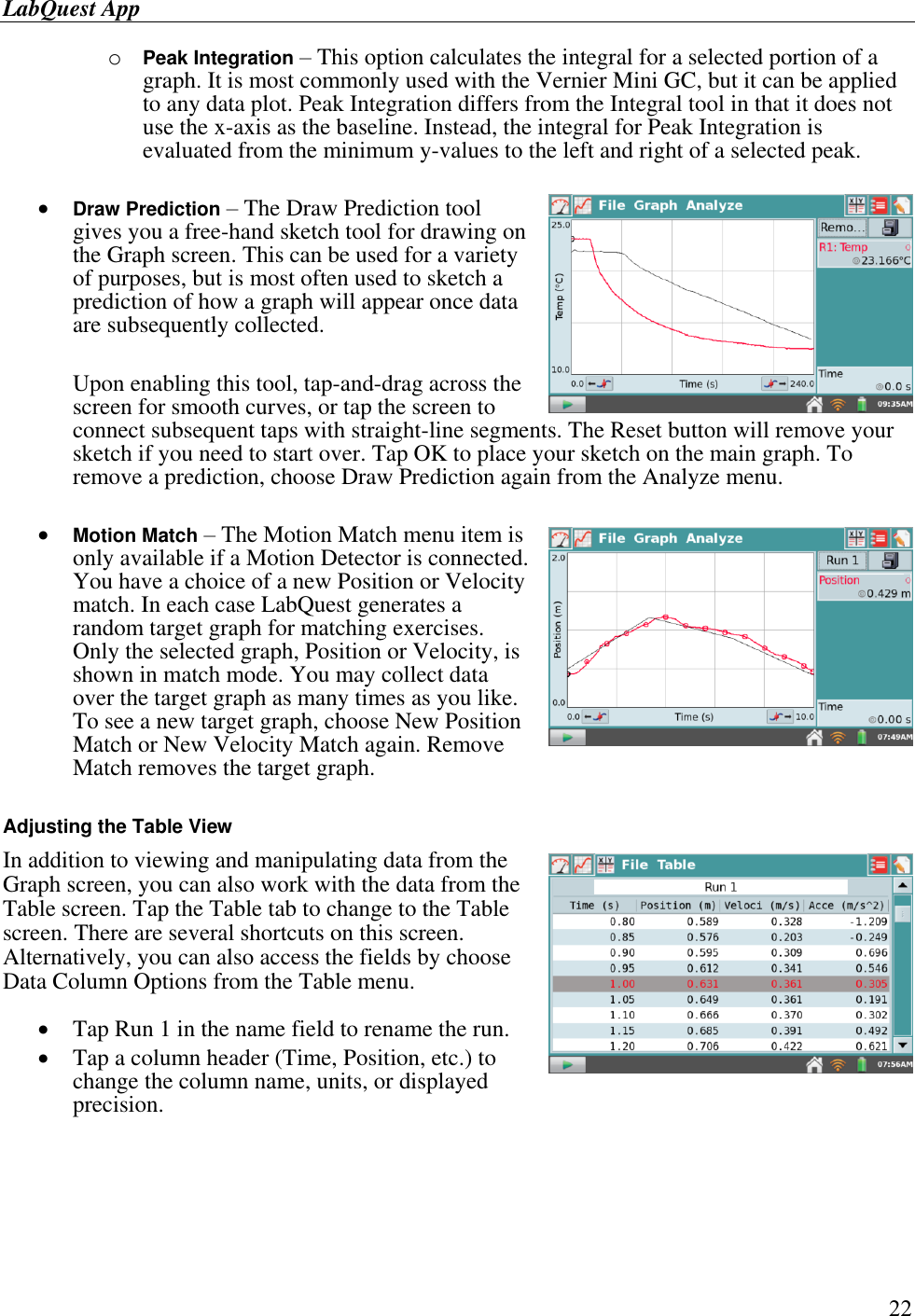 LabQuest App        22 o Peak Integration – This option calculates the integral for a selected portion of a graph. It is most commonly used with the Vernier Mini GC, but it can be applied to any data plot. Peak Integration differs from the Integral tool in that it does not use the x-axis as the baseline. Instead, the integral for Peak Integration is evaluated from the minimum y-values to the left and right of a selected peak.   Draw Prediction – The Draw Prediction tool gives you a free-hand sketch tool for drawing on the Graph screen. This can be used for a variety of purposes, but is most often used to sketch a prediction of how a graph will appear once data are subsequently collected.   Upon enabling this tool, tap-and-drag across the screen for smooth curves, or tap the screen to connect subsequent taps with straight-line segments. The Reset button will remove your sketch if you need to start over. Tap OK to place your sketch on the main graph. To remove a prediction, choose Draw Prediction again from the Analyze menu.   Motion Match – The Motion Match menu item is only available if a Motion Detector is connected. You have a choice of a new Position or Velocity match. In each case LabQuest generates a random target graph for matching exercises. Only the selected graph, Position or Velocity, is shown in match mode. You may collect data over the target graph as many times as you like. To see a new target graph, choose New Position Match or New Velocity Match again. Remove Match removes the target graph.  Adjusting the Table View In addition to viewing and manipulating data from the Graph screen, you can also work with the data from the Table screen. Tap the Table tab to change to the Table screen. There are several shortcuts on this screen. Alternatively, you can also access the fields by choose Data Column Options from the Table menu.  Tap Run 1 in the name field to rename the run.  Tap a column header (Time, Position, etc.) to change the column name, units, or displayed precision.   