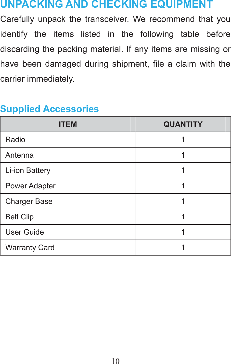 10UNPACKING AND CHECKING EQUIPMENT Carefully unpack the transceiver. We recommend that you identify the items listed in the following table before discarding the packing material. If any items are missing or have been damaged during shipment, file a claim with the carrier immediately.  Supplied Accessories ITEM  QUANTITY Radio 1 Antenna 1 Li-ion Battery    1 Power Adapter  1 Charger Base  1 Belt Clip  1 User Guide  1 Warranty Card  1       