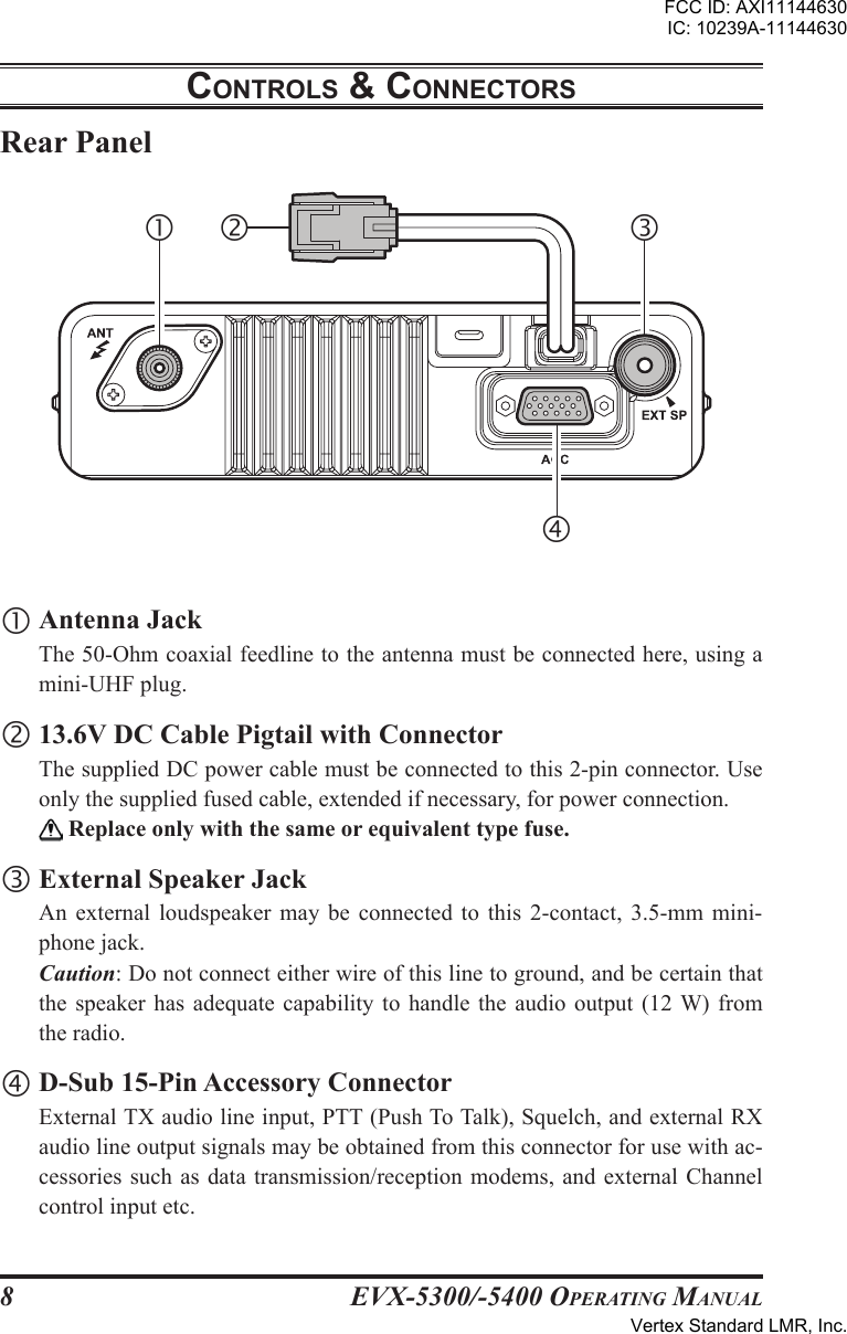 EVX-5300/-5400 OpErating Manual8Rear Panelcontrols &amp; connEctors Antenna Jack  The 50-Ohm coaxial feedline to the antenna must be connected here, using a mini-UHF plug. 13.6V DC Cable Pigtail with Connector  The supplied DC power cable must be connected to this 2-pin connector. Use only the supplied fused cable, extended if necessary, for power connection.   Replace only with the same or equivalent type fuse. External Speaker Jack  An  external  loudspeaker  may  be  connected  to  this  2-contact,  3.5-mm  mini-phone jack. Caution: Do not connect either wire of this line to ground, and be certain that the  speaker  has  adequate  capability  to handle  the  audio  output  (12 W)  from the radio. D-Sub 15-Pin Accessory Connector  External TX audio line input, PTT (Push To Talk), Squelch, and external RX audio line output signals may be obtained from this connector for use with ac-cessories such as  data  transmission/reception  modems, and external  Channel control input etc.FCC ID: AXI11144630IC: 10239A-11144630Vertex Standard LMR, Inc.