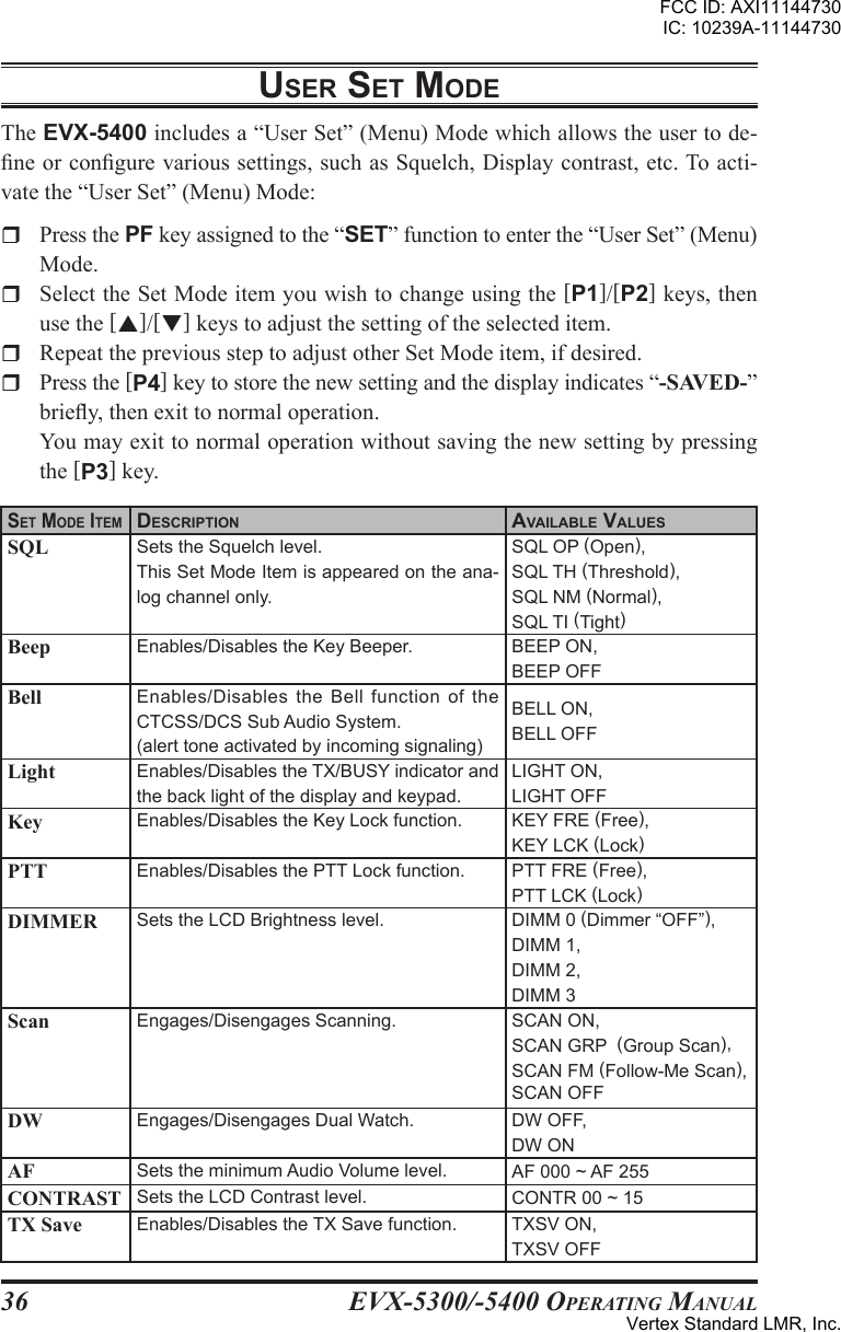 EVX-5300/-5400 OpErating Manual36usEr sEt modEThe EVX-5400 includes a “User Set” (Menu) Mode which allows the user to de-ne or congure various settings, such as Squelch, Display contrast, etc. To acti-vate the “User Set” (Menu) Mode:r  Press the PF key assigned to the “SET” function to enter the “User Set” (Menu) Mode.r  Select the Set Mode item you wish to change using the [P1]/[P2] keys, then use the []/[] keys to adjust the setting of the selected item.r  Repeat the previous step to adjust other Set Mode item, if desired.r  Press the [P4] key to store the new setting and the display indicates “-SAVED-” briey, then exit to normal operation.  You may exit to normal operation without saving the new setting by pressing the [P3] key.sEt modE ItEmdEscrIptIon aVaIlaBlE ValuEsSQL Sets the Squelch level.This Set Mode Item is appeared on the ana-log channel only. SQL OP (Open),SQL TH (Threshold),SQL NM (Normal),SQL TI (Tight)Beep Enables/Disables the Key Beeper. BEEP ON,BEEP OFFBell Enables/Disables the Bell function of the CTCSS/DCS Sub Audio System.(alert tone activated by incoming signaling)BELL ON,BELL OFFLight Enables/Disables the TX/BUSY indicator and the back light of the display and keypad.LIGHT ON,LIGHT OFFKey Enables/Disables the Key Lock function. KEY FRE (Free),KEY LCK (Lock)PTT Enables/Disables the PTT Lock function. PTT FRE (Free),PTT LCK (Lock)DIMMER Sets the LCD Brightness level. DIMM 0 (Dimmer “OFF”),DIMM 1,DIMM 2,DIMM 3Scan Engages/Disengages Scanning. SCAN ON,SCAN GRP  (Group Scan),SCAN FM (Follow-Me Scan),SCAN OFFDW Engages/Disengages Dual Watch. DW OFF,DW ONAF Sets the minimum Audio Volume level. AF 000 ~ AF 255CONTRAST Sets the LCD Contrast level. CONTR 00 ~ 15TX Save Enables/Disables the TX Save function. TXSV ON,TXSV OFFFCC ID: AXI11144730IC: 10239A-11144730Vertex Standard LMR, Inc.