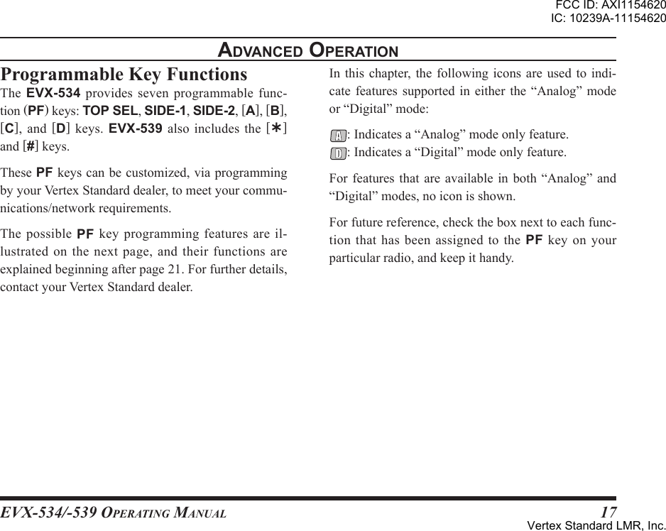 EVX-534/-539 OpErating Manual17adVanced oPerationThe EVX-534providessevenprogrammablefunc-tion(PF)keys:TOP SEL,SIDE-1,SIDE-2,[A],[B],[C], and [D] keys. EVX-539 also includes the [Ý]and[#]keys.ThesePFkeyscanbecustomized,viaprogrammingbyyourVertexStandarddealer,tomeetyourcommu-nications/networkrequirements.ThepossiblePF keyprogramming featuresareil-lustratedonthenextpage,andtheirfunctionsareexplainedbeginningafterpage21.Forfurtherdetails,contactyourVertexStandarddealer.Inthischapter,thefollowingicons are used to indi-catefeatures supported in either the “Analog” modeor“Digital”mode::Indicatesa“Analog”modeonlyfeature.:Indicatesa“Digital”modeonlyfeature.Forfeaturesthat are available in both “Analog”and“Digital”modes,noiconisshown.Forfuturereference,checktheboxnexttoeachfunc-tion that has been assigned to the PF key on yourparticularradio,andkeepithandy.FCC ID: AXI1154620IC: 10239A-11154620Vertex Standard LMR, Inc.