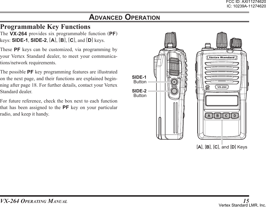 VX-264 Operating Manual15adVanced oPerationThe VX-264 provides sixprogrammablefunction (PF)keys:SIDE-1,SIDE-2,[A],[B],[C],and[D]keys.These PF keys can be customized, via programming byyour Vertex Standard dealer, to meet your communica-tions/networkrequirements.ThepossiblePFkeyprogrammingfeaturesareillustratedonthenextpage,andtheirfunctionsareexplainedbegin-ningafterpage18.Forfurtherdetails,contactyourVertexStandarddealer.Forfuturereference,checktheboxnexttoeachfunctionthat has been assigned to the PF key on your particularradio,andkeepithandy.SIDE-1Button[A],[B],[C],and[D]KeysSIDE-2ButtonFCC ID: AXI11274620IC: 10239A-11274620Vertex Standard LMR, Inc.