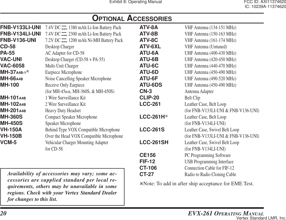20 EVX-261 OPERATING MANUALOPTIONAL ACCESSORIESFNB-V133LI-UNI 7.4V DC  , 1380 mAh Li-Ion Battery PackFNB-V134LI-UNI 7.4V DC  , 2300 mAh Li-Ion Battery PackFNB-V136-UNI 7.2V DC  , 1200 mAh Ni-MH Battery PackCD-58 Desktop ChargerPA-55 AC Adapter for CD-58VAC-UNI Desktop Charger (CD-58 + PA-55)VAC-6058 Multi-Unit ChargerMH-37A4B-1Ú Earpiece MicrophoneMH-66A4B Noise Cancelling Speaker MicrophoneMH-100 Receive Only Earpiece (for MH-45B4B, MH-360S, &amp; MH-450S)MH-101A4B 1 Wire Surveillance KitMH-102A4B 2 Wire Surveillance KitMH-201A4B Heavy Duty HeadsetMH-360S Compact Speaker MicrophoneMH-450S Speaker MicrophoneVH-150A Behind Type VOX Compatible MicrophoneVH-150B Over the Head VOX Compatible MicrophoneVCM-5 Vehicular Charger Mounting Adapter for CD-58ATV-8A VHF Antenna (134-151 MHz)ATV-8B VHF Antenna (150-163 MHz)ATV-8C VHF Antenna (161-174 MHz)ATV-6XL VHF Antenna (Untuned)ATU-6A UHF Antenna (400-430 MHz)ATU-6B UHF Antenna (420-450 MHz)ATU-6C UHF Antenna (440-470 MHz)ATU-6D UHF Antenna (450-490 MHz)ATU-6F UHF Antenna (490-520 MHz)ATU-6DS UHF Antenna (450-490 MHz)CN-3 Antenna AdapterCLIP-20 Belt ClipLCC-261 Leather Case, Belt Loop  (for FNB-V133LI-UNI &amp; FNB-V136-UNI) LCC-261HÚ Leather Case, Belt Loop (for FNB-V134LI-UNI) LCC-261S Leather Case, Swivel Belt Loop  (for FNB-V133LI-UNI &amp; FNB-V136-UNI) LCC-261SH Leather Case, Swivel Belt Loop (for FNB-V134LI-UNI) CE156 PC Programming SoftwareFIF-12 USB Programming InterfaceCT-106 Connection Cable for FIF-12CT-27 Radio to Radio Cloning CableÚNote: To add in after ship acceptance for EME Test.Availability of accessories may vary; some ac-cessories are supplied standard per local re-quirements, others may be unavailable in some regions. Check with your Vertex Standard Dealer for changes to this list.Exhibit 8: Operating Manual FCC ID: AXI11374620IC: 10239A-11374620Vertex Standard LMR, Inc.