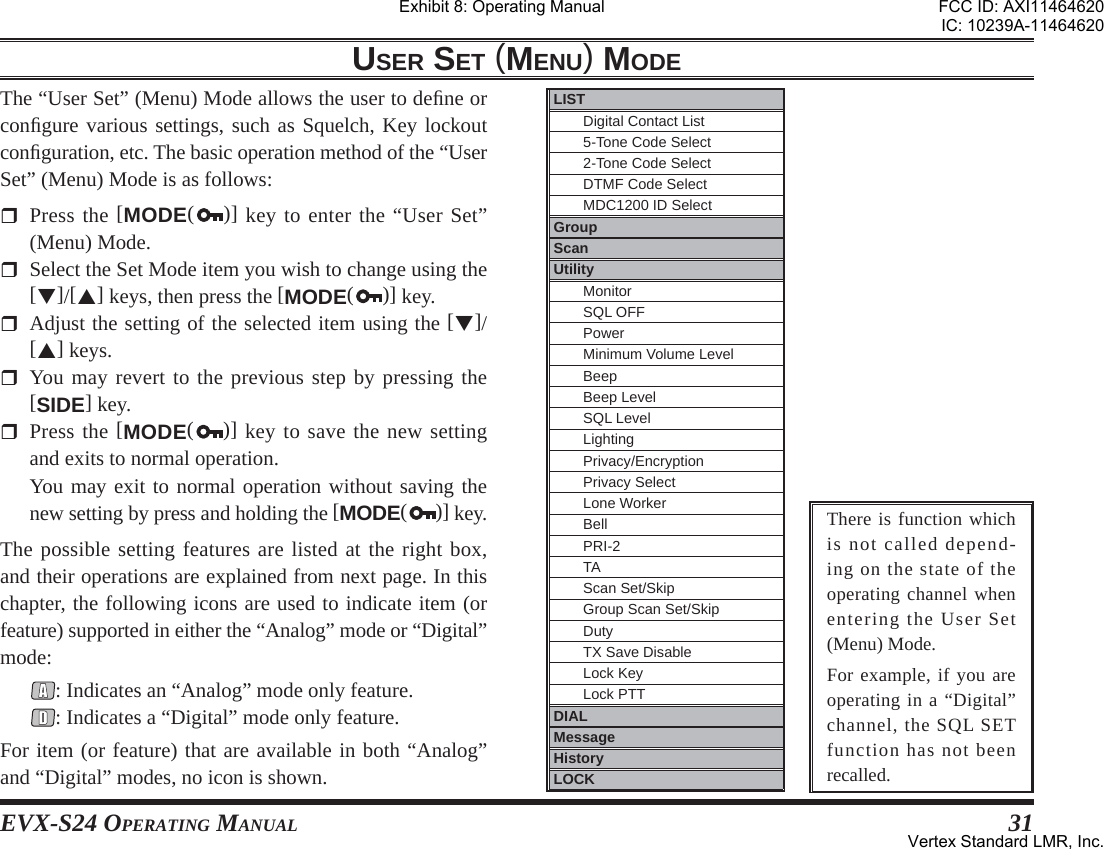 EVX-S24 OPERATING MANUAL 31USER SET (MENU) MODE The “User Set” (Menu) Mode allows the user to deﬁ ne or conﬁ gure various settings, such as Squelch, Key lockout conﬁ guration, etc. The basic operation method of the “User Set” (Menu) Mode is as follows: Press the [MODE()] key to enter the “User Set” (Menu) Mode.  Select the Set Mode item you wish to change using the []/[] keys, then press the [MODE()] key.  Adjust the setting of the selected item using the []/[] keys. You may revert to the previous step by pressing the [SIDE] key. Press the [MODE()] key to save the new setting and exits to normal operation. You may exit to normal operation without saving the new setting by press and holding the [MODE()] key.The possible setting features are listed at the right box, and their operations are explained from next page. In this chapter, the following icons are used to indicate item (or feature) supported in either the “Analog” mode or “Digital” mode:: Indicates an “Analog” mode only feature.: Indicates a “Digital” mode only feature.For item (or feature) that are available in both “Analog” and “Digital” modes, no icon is shown.LISTDigital Contact List5-Tone Code Select2-Tone Code SelectDTMF Code SelectMDC1200 ID SelectGroupScanUtilityMonitorSQL OFFPowerMinimum Volume LevelBeepBeep LevelSQL LevelLightingPrivacy/EncryptionPrivacy SelectLone WorkerBellPRI-2TAScan Set/SkipGroup Scan Set/SkipDutyTX Save DisableLock KeyLock PTTDIALMessageHistoryLOCKThere is function which is not called depend-ing on the state of the operating channel when entering the User Set (Menu) Mode.For example, if you are operating in a “Digital” channel, the SQL SET function has not been recalled.Exhibit 8: Operating ManualFCC ID: AXI11464620IC: 10239A-11464620Vertex Standard LMR, Inc.