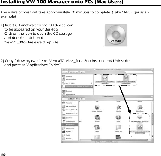 10 Installing VW 100 Manager onto PCs (Mac Users)   The entire process will take approximately 10 minutes to complete. (Take MAC Tiger as an example)  1) Insert CD and wait for the CD device icon  to be appeared on your desktop.  Click on the icon to open the CD storage  and double – click on the  “osx-V1_09c+3-release.dmg” File.    2) Copy following two items: VertexWireless_SerialPort installer and Uninstaller  and paste at “Applications Folder”.               