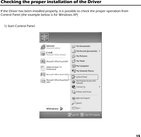 15 Checking the proper installation of the Driver  If the Driver has been installed properly, it is possible to check the proper operation from Control Panel (the example below is for Windows XP)   1) Start Control Panel                       