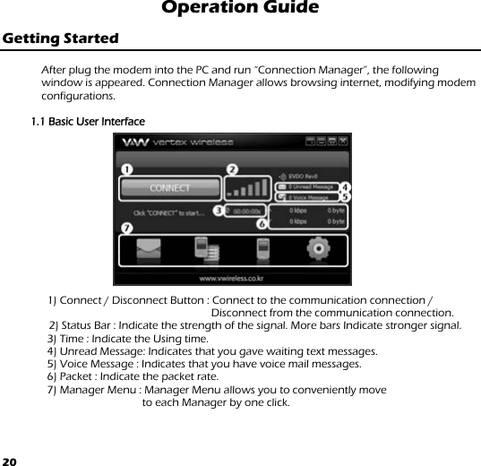 20 Operation Guide  Getting Started  After plug the modem into the PC and run “Connection Manager”, the following window is appeared. Connection Manager allows browsing internet, modifying modem configurations.   1.1 Basic User Interface                       1) Connect / Disconnect Button : Connect to the communication connection / Disconnect from the communication connection. 2) Status Bar : Indicate the strength of the signal. More bars Indicate stronger signal. 3) Time : Indicate the Using time. 4) Unread Message: Indicates that you gave waiting text messages. 5) Voice Message : Indicates that you have voice mail messages. 6) Packet : Indicate the packet rate. 7) Manager Menu : Manager Menu allows you to conveniently move to each Manager by one click. 