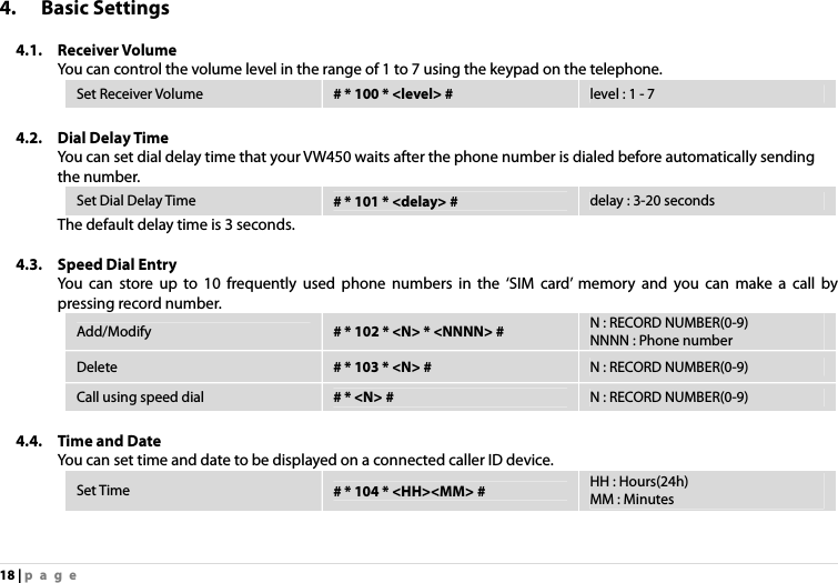 18 | page 4. Basic Settings  4.1. Receiver Volume You can control the volume level in the range of 1 to 7 using the keypad on the telephone. Set Receiver Volume  # * 100 * &lt;level&gt; #  level : 1 - 7  4.2. Dial Delay Time You can set dial delay time that your VW450 waits after the phone number is dialed before automatically sending the number. Set Dial Delay Time  # * 101 * &lt;delay&gt; #  delay : 3-20 seconds The default delay time is 3 seconds.  4.3. Speed Dial Entry You can store up to 10 frequently used phone numbers in the ‘SIM card’ memory and you can make a call by pressing record number. Add/Modify  # * 102 * &lt;N&gt; * &lt;NNNN&gt; #  N : RECORD NUMBER(0-9) NNNN : Phone number Delete  # * 103 * &lt;N&gt; #  N : RECORD NUMBER(0-9) Call using speed dial  # * &lt;N&gt; #  N : RECORD NUMBER(0-9)  4.4. Time and Date You can set time and date to be displayed on a connected caller ID device. Set Time  # * 104 * &lt;HH&gt;&lt;MM&gt; #  HH : Hours(24h) MM : Minutes 