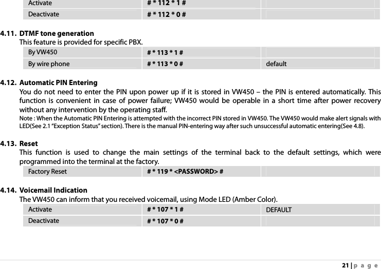 21 | page Activate  # * 112 * 1 #  Deactivate  # * 112 * 0 #   4.11. DTMF tone generation This feature is provided for specific PBX.   By VW450  # * 113 * 1 #   By wire phone  # * 113 * 0 #  default  4.12. Automatic PIN Entering You do not need to enter the PIN upon power up if it is stored in VW450 – the PIN is entered automatically. This function is convenient in case of power failure; VW450 would be operable in a short time after power recovery without any intervention by the operating staff. Note : When the Automatic PIN Entering is attempted with the incorrect PIN stored in VW450. The VW450 would make alert signals with LED(See 2.1 “Exception Status” section). There is the manual PIN-entering way after such unsuccessful automatic entering(See 4.8).  4.13. Reset This function is used to change the main settings of the terminal back to the default settings, which were programmed into the terminal at the factory. Factory Reset  # * 119 * &lt;PASSWORD&gt; #    4.14. Voicemail Indication The VW450 can inform that you received voicemail, using Mode LED (Amber Color). Activate  # * 107 * 1 #  DEFAULT Deactivate  # * 107 * 0 #    