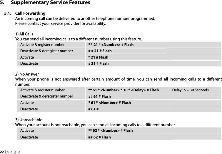 22 | page 5. Supplementary Service Features  5.1. Call Forwarding An incoming call can be delivered to another telephone number programmed. Please contact your service provider for availability.  1) All Calls You can send all incoming calls to a different number using this feature. Activate &amp; register number  * * 21 * &lt;Number&gt; # Flash   Deactivate &amp; deregister number  # # 21 # Flash   Activate  * 21 # Flash   Deactivate  # 21 # Flash    2) No Answer When your phone is not answered after certain amount of time, you can send all incoming calls to a different number. Activate &amp; register number  ** 61 * &lt;Number&gt; * 10 * &lt;Delay&gt; # Flash  Delay : 5 – 30 Seconds Deactivate &amp; deregister number  ## 61 # Flash   Activate  * 61 * &lt;Number&gt; # Flash   Deactivate  # 61 #    3) Unreachable When your account is not reachable, you can send all incoming calls to a different number. Activate  ** 62 * &lt;Number&gt; # Flash   Deactivate  ## 62 # Flash    