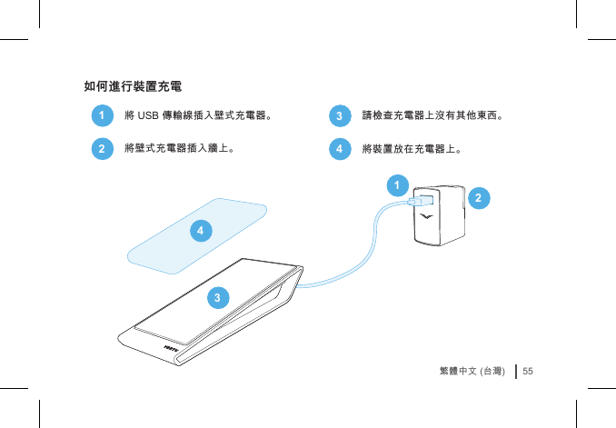 55繁體中文 (台灣)如何進行裝置充電1將 USB 傳輸線插入壁式充電器。2將壁式充電器插入牆上。14233請檢查充電器上沒有其他東西。4將裝置放在充電器上。