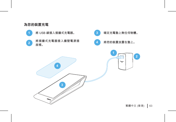 63繁體中文 (香港)為您的裝置充電1將 USB 線插入插牆式充電器。2將插牆式充電器插入牆壁電源插座裡。3確定充電墊上無任何物體。4將您的裝置放置在墊上。1423