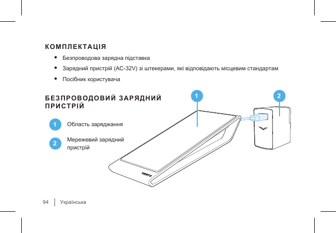 Українська94КОМПЛЕКТАЦІЯ• Безпроводова зарядна підставка• Зарядний пристрій (AC-32V) зі штекерами, які відповідають місцевим стандартам• Посібник користувачаБЕЗПРОВОДОВИЙ ЗАРЯДНИЙ   ПРИСТРІЙ1Область заряджання2Мережевий зарядний пристрій1 2