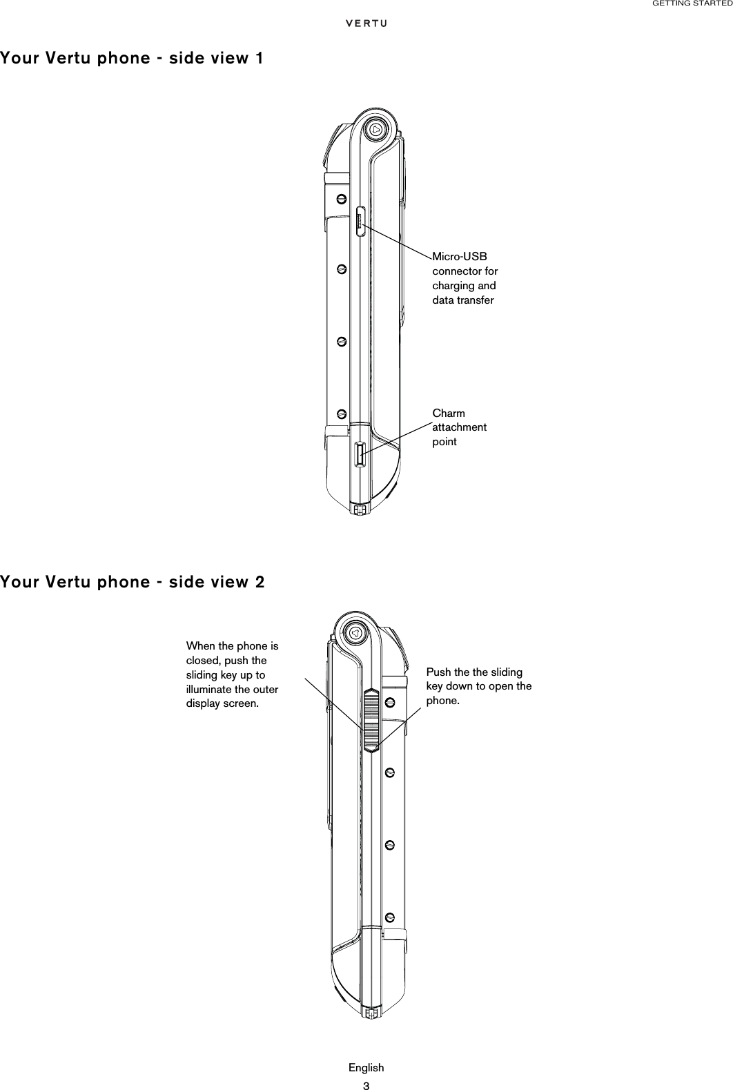 GETTING STARTEDEnglish3Your Vertu phone - side view 1Your Vertu phone - side view 2Micro-USB connector for charging and data transferCharm attachment pointWhen the phone is closed, push the sliding key up to illuminate the outer display screen. Push the the sliding key down to open the phone.