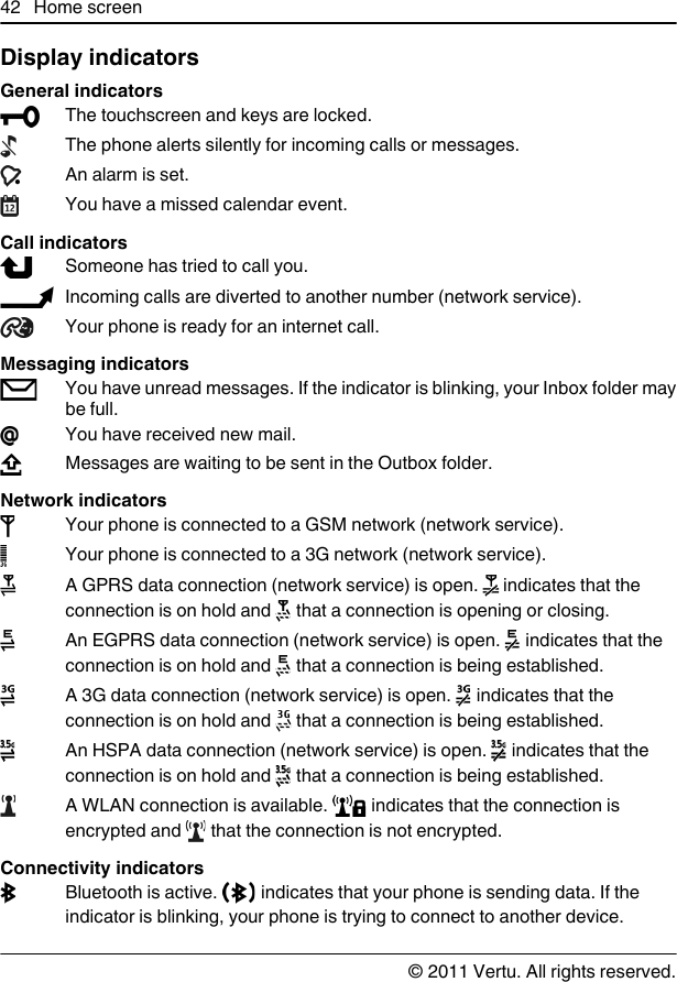 Display indicatorsGeneral indicatorsThe touchscreen and keys are locked.The phone alerts silently for incoming calls or messages.An alarm is set.You have a missed calendar event.Call indicatorsSomeone has tried to call you.Incoming calls are diverted to another number (network service).Your phone is ready for an internet call.Messaging indicatorsYou have unread messages. If the indicator is blinking, your Inbox folder maybe full.You have received new mail.Messages are waiting to be sent in the Outbox folder.Network indicatorsYour phone is connected to a GSM network (network service).Your phone is connected to a 3G network (network service).A GPRS data connection (network service) is open.   indicates that theconnection is on hold and   that a connection is opening or closing.An EGPRS data connection (network service) is open.   indicates that theconnection is on hold and   that a connection is being established.A 3G data connection (network service) is open.   indicates that theconnection is on hold and   that a connection is being established.An HSPA data connection (network service) is open.   indicates that theconnection is on hold and   that a connection is being established.A WLAN connection is available.   indicates that the connection isencrypted and   that the connection is not encrypted.Connectivity indicatorsBluetooth is active.   indicates that your phone is sending data. If theindicator is blinking, your phone is trying to connect to another device.42 Home screen© 2011 Vertu. All rights reserved.