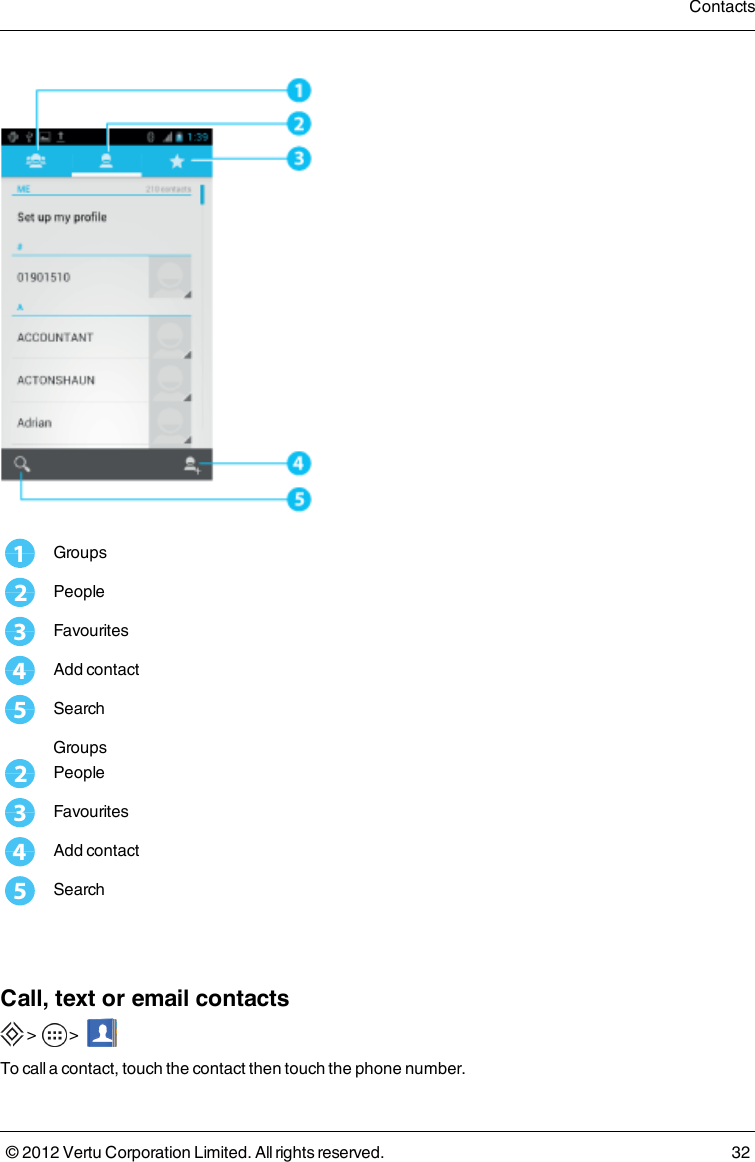 1Groups2People3Favourites4Add contact5Search  Groups2People3Favourites4Add contact5Search Call, text or email contacts &gt;    &gt;    To call a contact, touch the contact then touch the phone number.Contacts© 2012 Vertu Corporation Limited. All rights reserved. 32