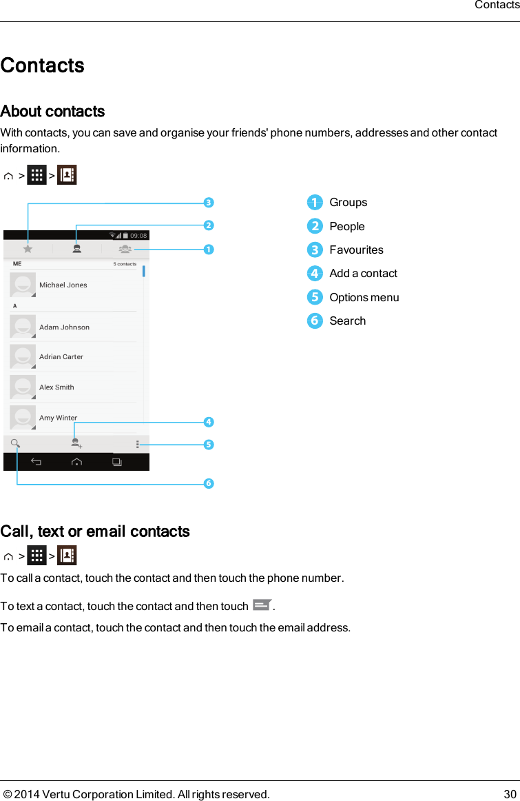 ContactsAbout contactsWith contacts, you can save and organise your friends&apos; phone numbers, addresses and other contactinformation.&gt; &gt;6543211Groups2People3Favourites4Add a contact5Options menu6SearchCall, text or email contacts&gt; &gt;To calla contact, touch the contact and then touch the phone number.To text a contact, touch the contact and then touch .To email a contact, touch the contact and then touch the email address.Contacts© 2014 Vertu Corporation Limited. All rights reserved. 30