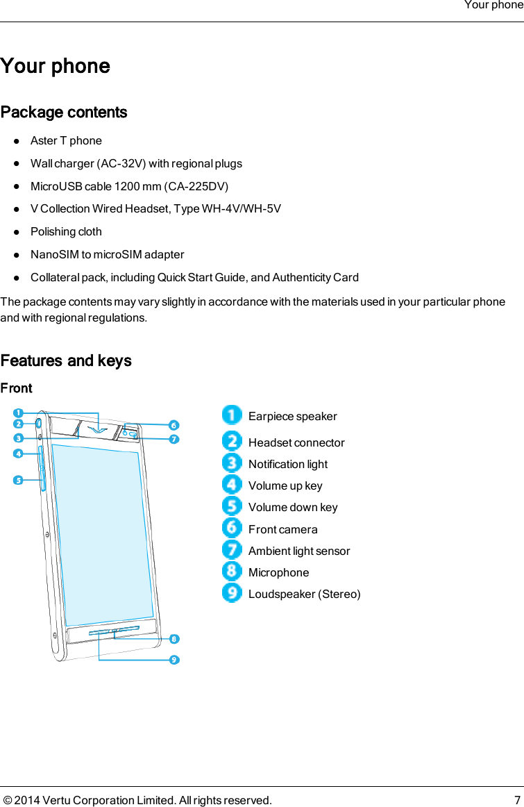 Your phonePackage contentslAsterT phonelWall charger (AC-32V) with regional plugslMicroUSB cable 1200mm (CA-225DV)lV Collection Wired Headset, Type WH-4V/WH-5VlPolishing clothlNanoSIM to microSIM adapterlCollateral pack, including Quick Start Guide, and Authenticity CardThe package contents may vary slightly in accordance with the materials used in your particular phoneand with regional regulations.Features and keysFrontEarpiece speakerHeadset connectorNotification lightVolume up keyVolume down keyFront cameraAmbient light sensorMicrophoneLoudspeaker (Stereo)Your phone© 2014 Vertu Corporation Limited. All rights reserved. 7