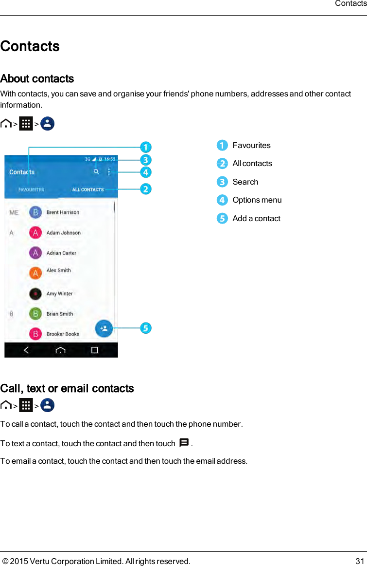 ContactsAbout contactsWith contacts, you can save and organise your friends&apos; phone numbers, addresses and other contactinformation.&gt; &gt;1Favourites2All contacts3Search4Options menu5Add a contactCall, text or email contacts&gt; &gt;To call a contact, touch the contact and then touch the phone number.To text a contact, touch the contact and then touch .To email a contact, touch the contact and then touch the emailaddress.Contacts© 2015 Vertu Corporation Limited. All rights reserved. 31