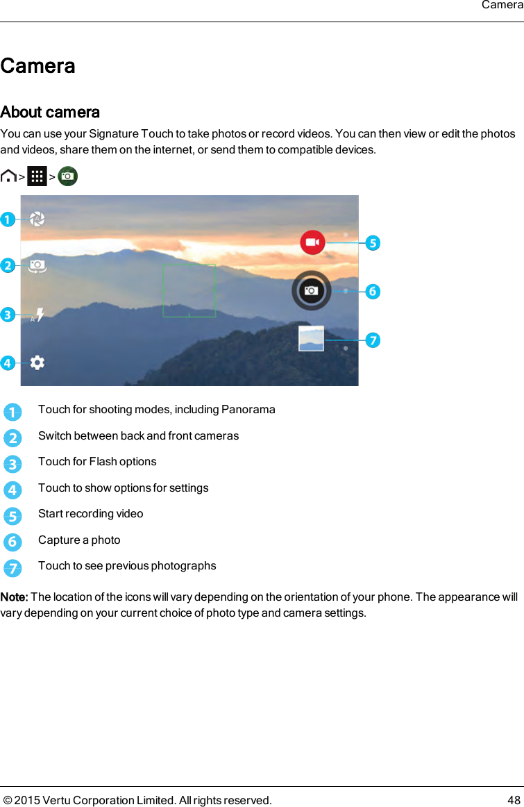 CameraAbout cameraYou can use your Signature Touch to take photos or record videos. You can then view or edit the photosand videos, share them on the internet, or send them to compatible devices.&gt; &gt;1Touch for shooting modes, including Panorama2Switch between back and front cameras3Touch for Flash options4Touch to show options for settings5Start recording video6Capture a photo7Touch to see previous photographsNote: The location of the icons will vary depending on the orientation of your phone. The appearance willvary depending on your current choice of photo type and camera settings.Camera© 2015 Vertu Corporation Limited. All rights reserved. 48