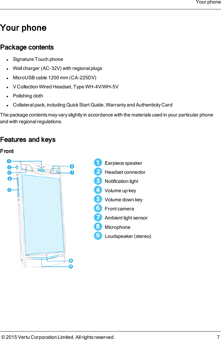 Your phonePackage contentslSignature Touch phonelWall charger (AC-32V) with regional plugslMicroUSB cable 1200mm (CA-225DV)lV Collection Wired Headset, Type WH-4V/WH-5VlPolishing clothlCollateral pack, including Quick Start Guide, Warranty and Authenticity CardThe package contents may vary slightly in accordance with the materials used in your particular phoneand with regional regulations.Features and keysFront1Earpiece speaker2Headset connector3Notification light4Volume up key5Volume down key6Front camera7Ambient light sensor8Microphone9Loudspeaker (stereo)Your phone© 2015 Vertu Corporation Limited. All rights reserved. 7