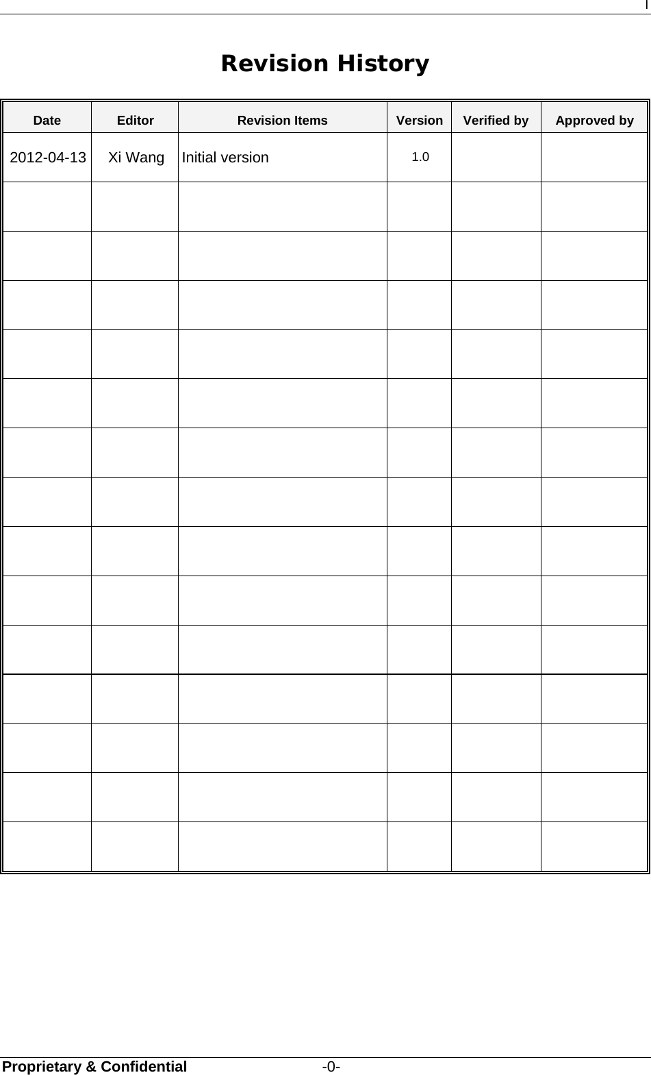 I Proprietary &amp; Confidential                  -0- Revision History Date  Editor  Revision Items  Version Verified by  Approved by 2012-04-13  Xi Wang  Initial version  1.0                                                                                                               