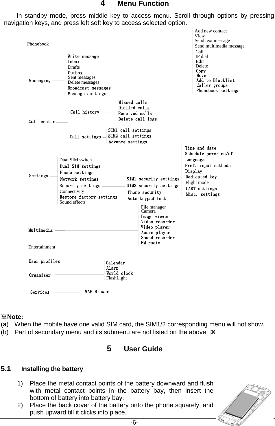                                           -6-   4  Menu Function In  standby mode, press middle  key  to  access menu. Scroll through options by pressing navigation keys, and press left soft key to access selected option. MessagingInboxOutboxWrite messageMessage settingsDraftsBroadcast messagesDelete messagesSent messagesPhonebookAdd to BlacklistCopyMoveCaller groupsPhonebook settingsViewSend text messageSend multimedia messageCallIP dialDeleteAdd new contactEditCall centerCall historyCall settingsMissed callsDialled callsReceived callsDelete call logsSIM1 call settingsSIM2 call settingsAdvance settingsSettings Phone settingsNetwork settingsSecurity settingsRestore factory settingsDual SIM settingsTime and dateSchedule power on/offLanguagePref. input methodsDisplayDedicated keyMisc. settingsPhone securityAuto keypad lockSIM1 security settingsSIM2 security settingsDual SIM switchConnectivityUART settingsFlight modeUser profilesFile managerMultimediaImage viewerCameraSound recorderVideo recorderFM radioVideo playerAudio playerOrganizerCalendarAlarmWorld clockFlashLightEntertainmentServicesWAP BrowerSound effects  ※Note: (a) When the mobile have one valid SIM card, the SIM1/2 corresponding menu will not show.   (b) Part of secondary menu and its submenu are not listed on the above. ※ 5  User Guide 5.1 Installing the battery 1) Place the metal contact points of the battery downward and flush with metal contact points in the battery bay, then insert the bottom of battery into battery bay. 2) Place the back cover of the battery onto the phone squarely, and push upward till it clicks into place. 