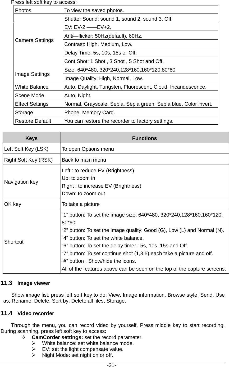                                           -21- Press left soft key to access: Photos   To view the saved photos.   Camera Settings   Shutter Sound: sound 1, sound 2, sound 3, Off.   EV: EV-2 ——EV+2.   Anti—flicker: 50Hz(default), 60Hz.   Contrast: High, Medium, Low. Delay Time: 5s, 10s, 15s or Off.   Cont.Shot: 1 Shot , 3 Shot , 5 Shot and Off.   Image Settings   Size: 640*480, 320*240,128*160,160*120,80*60.   Image Quality: High, Normal, Low.   White Balance   Auto, Daylight, Tungsten, Fluorescent, Cloud, Incandescence.   Scene Mode   Auto, Night.   Effect Settings   Normal, Grayscale, Sepia, Sepia green, Sepia blue, Color invert.   Storage   Phone, Memory Card.   Restore Default   You can restore the recorder to factory settings.    Keys Functions Left Soft Key (LSK)   To open Options menu Right Soft Key (RSK) Back to main menu Navigation key Left : to reduce EV (Brightness)   Up: to zoom in Right : to increase EV (Brightness)   Down: to zoom out OK key To take a picture Shortcut “1” button: To set the image size: 640*480, 320*240,128*160,160*120, 80*60   “2” button: To set the image quality: Good (G), Low (L) and Normal (N). “4” button: To set the white balance. “6” button: To set the delay timer : 5s, 10s, 15s and Off.   “7” button: To set continue shot (1,3,5) each take a picture and off. “#” button : Show/hide the icons.   All of the features above can be seen on the top of the capture screens. 11.3 Image viewer Show image list, press left soft key to do: View, Image information, Browse style, Send, Use as, Rename, Delete, Sort by, Delete all files, Storage. 11.4 Video recorder Through the menu, you can record video by yourself. Press middle key to start recording. During scanning, press left soft key to access:    CamCorder settings: set the record parameter.  White balance: set white balance mode.  EV: set the light compensate value.    Night Mode: set night on or off. 