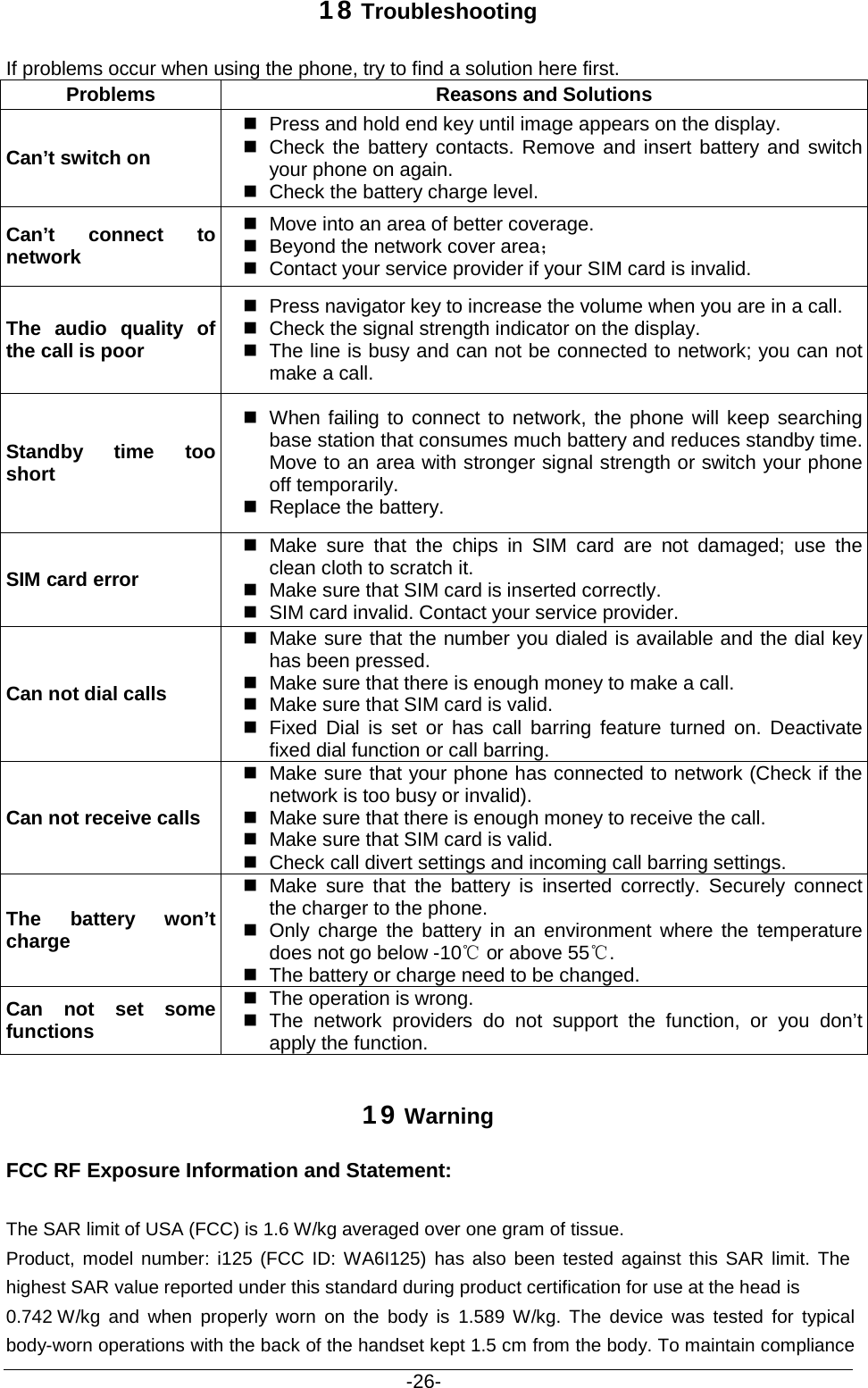                                           -26- 18 Troubleshooting If problems occur when using the phone, try to find a solution here first. Problems Reasons and Solutions Can’t switch on  Press and hold end key until image appears on the display.  Check the battery contacts. Remove and insert battery and switch your phone on again.  Check the battery charge level. Can’t connect to network  Move into an area of better coverage.  Beyond the network cover area；    Contact your service provider if your SIM card is invalid. The audio quality of the call is poor   Press navigator key to increase the volume when you are in a call.  Check the signal strength indicator on the display.  The line is busy and can not be connected to network; you can not make a call.   Standby  time  too short  When failing to connect to network, the phone will keep searching base station that consumes much battery and reduces standby time. Move to an area with stronger signal strength or switch your phone off temporarily.  Replace the battery. SIM card error  Make sure that the chips  in SIM card are not  damaged; use the clean cloth to scratch it.  Make sure that SIM card is inserted correctly.  SIM card invalid. Contact your service provider. Can not dial calls  Make sure that the number you dialed is available and the dial key has been pressed.  Make sure that there is enough money to make a call.    Make sure that SIM card is valid.  Fixed Dial is set or has call barring feature turned on. Deactivate fixed dial function or call barring. Can not receive calls  Make sure that your phone has connected to network (Check if the network is too busy or invalid).  Make sure that there is enough money to receive the call.    Make sure that SIM card is valid.  Check call divert settings and incoming call barring settings. The battery won’t charge  Make sure that the battery is inserted correctly. Securely connect the charger to the phone.  Only charge the battery in an environment where the temperature does not go below -10℃ or above 55℃.  The battery or charge need to be changed. Can not set some functions    The operation is wrong.  The network providers  do not support the function, or you don’t apply the function.   19 Warning FCC RF Exposure Information and Statement:  The SAR limit of USA (FCC) is 1.6 W/kg averaged over one gram of tissue. Product, model number: i125 (FCC ID: WA6I125) has also been tested against this SAR limit. The highest SAR value reported under this standard during product certification for use at the head is   0.742 W/kg and when properly worn on the body is 1.589 W/kg.  The device was tested for typical body-worn operations with the back of the handset kept 1.5 cm from the body. To maintain compliance 