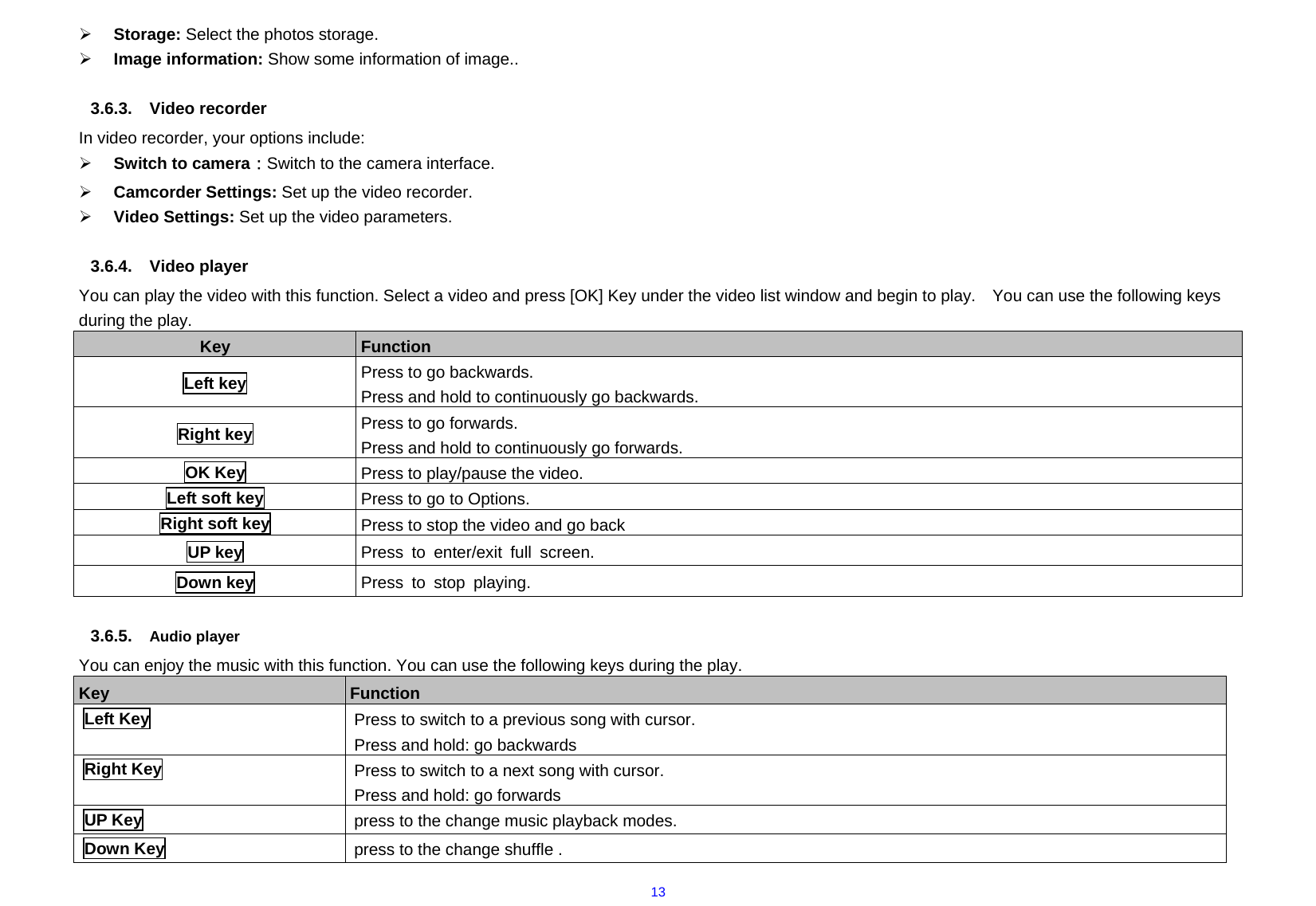  13¾ Storage: Select the photos storage.   ¾ Image information: Show some information of image..  3.6.3. Video recorder In video recorder, your options include: ¾ Switch to camera：Switch to the camera interface. ¾ Camcorder Settings: Set up the video recorder.     ¾ Video Settings: Set up the video parameters.      3.6.4. Video player You can play the video with this function. Select a video and press [OK] Key under the video list window and begin to play.    You can use the following keys during the play.     Key  Function  Left key Press to go backwards. Press and hold to continuously go backwards.     Right key Press to go forwards. Press and hold to continuously go forwards.     OK Key Press to play/pause the video.         Left soft key Press to go to Options. Right soft key Press to stop the video and go back UP key  Press to enter/exit full screen. Down key  Press to stop playing.  3.6.5.  Audio player You can enjoy the music with this function. You can use the following keys during the play.   Key  Function Left Key Press to switch to a previous song with cursor.   Press and hold: go backwards Right Key  Press to switch to a next song with cursor.   Press and hold: go forwards UP Key  press to the change music playback modes. Down Key  press to the change shuffle . 
