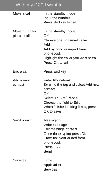  Make a call  In the standby mode Input the number Press Snd key to call  Make a  caller picture call In the standby mode OK Choose one unnamed caller Add Add by hand or import from phonebook Highlight the caller you want to call Press OK to call  End a call  Press End key  Add a new contact Enter Phonebook   Scroll to the top and select Add new contact OK Select To SIM/ Phone Choose the field to Edit When finished editing fields, press OK to save  Send a msg  Messaging Write message Edit message content Once done typing press OK Enter recipient or add from phonebook Press LSK Send  Services Extra Applications Services With my i130 I want to...   