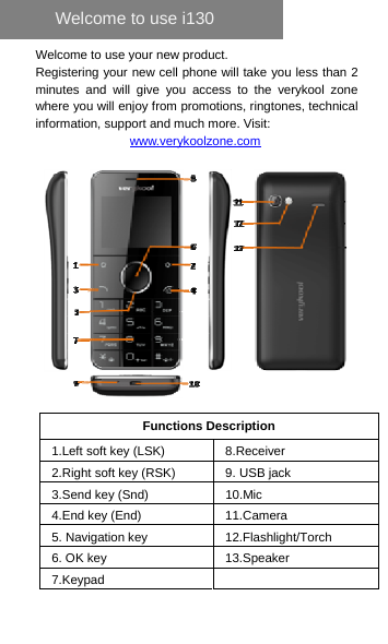  Welcome to use i130 Welcome to use your new product. Registering your new cell phone will take you less than 2 minutes and will give you access to the verykool zone where you will enjoy from promotions, ringtones, technical information, support and much more. Visit: www.verykoolzone.com   Functions Description 1.Left soft key (LSK)  8.Receiver 2.Right soft key (RSK)  9. USB jack 3.Send key (Snd)  10.Mic 4.End key (End)  11.Camera 5. Navigation key  12.Flashlight/Torch 6. OK key    13.Speaker 7.Keypad    