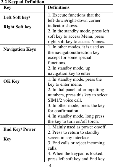 - 4 -  2.2 Keypad Definition Key Definitions Left Soft key/ Right Soft key 1. Execute functions that the left-down/right-down corner indicator shows. 2. In the standby mode, press left soft key to access Menu, press right soft key to access Names. Navigation Keys 1. In other modes, it is used as the navigation/direction key except for some special functions. 2. In standby mode, up navigation key to enter Shortcuts. OK Key 1. In standby mode, press the key to enter menu. 2. In dial panel, after inputting numbers, press this key to select SIM1/2 voice call. 3. In other mode, press the key for confirmation. 4. In standby mode, long press the key to turn on/off torch. End Key/ Power  Key 1. Mainly used as power on/off. 2. Press to return to standby screen in any interface. 3. End calls or reject incoming calls. 4. When the keypad is locked, press left soft key and End key 