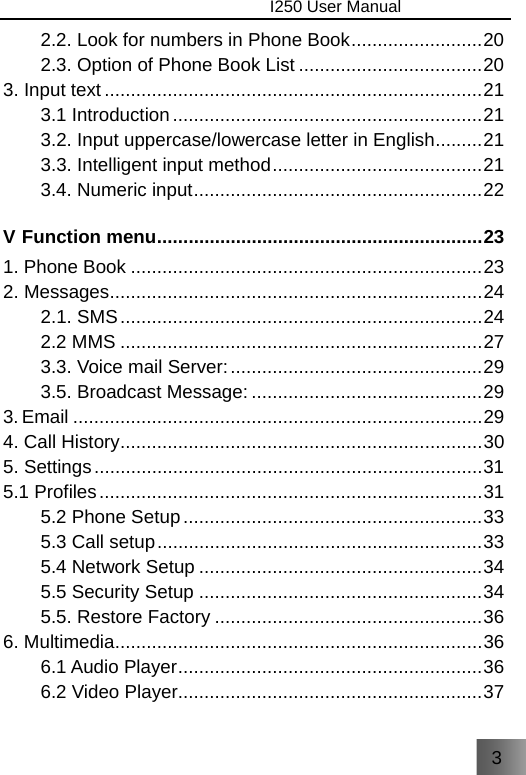 3                                I250 User Manual  2.2. Look for numbers in Phone Book.........................20 2.3. Option of Phone Book List ...................................20 3. Input text ........................................................................21 3.1 Introduction...........................................................21 3.2. Input uppercase/lowercase letter in English.........21 3.3. Intelligent input method........................................21 3.4. Numeric input.......................................................22 V Function menu..............................................................23 1. Phone Book ...................................................................23 2. Messages.......................................................................24 2.1. SMS.....................................................................24 2.2 MMS .....................................................................27 3.3. Voice mail Server:................................................29 3.5. Broadcast Message: ............................................29 3. Email ..............................................................................29 4. Call History.....................................................................30 5. Settings..........................................................................31 5.1 Profiles.........................................................................31 5.2 Phone Setup .........................................................33 5.3 Call setup..............................................................33 5.4 Network Setup ......................................................34 5.5 Security Setup ......................................................34 5.5. Restore Factory ...................................................36 6. Multimedia......................................................................36 6.1 Audio Player..........................................................36 6.2 Video Player..........................................................37 