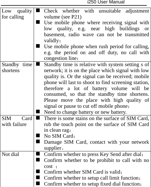                                     i250 User Manual  Low quality for calling  Check whether with unsuitable adjustment volume (see P21)  Use mobile phone where receiving signal with low quality, e.g. near high buildings or basement, radio wave can not be transmitted validly；  Use mobile phone when rush period for calling, e.g. the period on and off duty, no call with congestion line； Standby time shortens  Standby time is relative with system setting s of network; it is on the place which signal with low quality is. Or the signal can be received; mobile phone will last to shoot to find screening station, therefore a lot of battery volume will be consumed, so that the standby time shortens. Please move the place with high quality of signal or pause to cut off mobile phone；  Need to change battery or new battery. SIM Card with failure  There is some stains on the surface of SIM Card, rub the touch point on the surface of SIM Card in clean rag；  No SIM Card；  Damage SIM Card, contact with your network supplier。 Not dial   Confirm whether to press Key Send after dial； Confirm whether to be prohibit to call with no cost  ；  Confirm whether SIM Card is valid；  Confirm whether to setup call limit function；  Confirm whether to setup fixed dial function； 