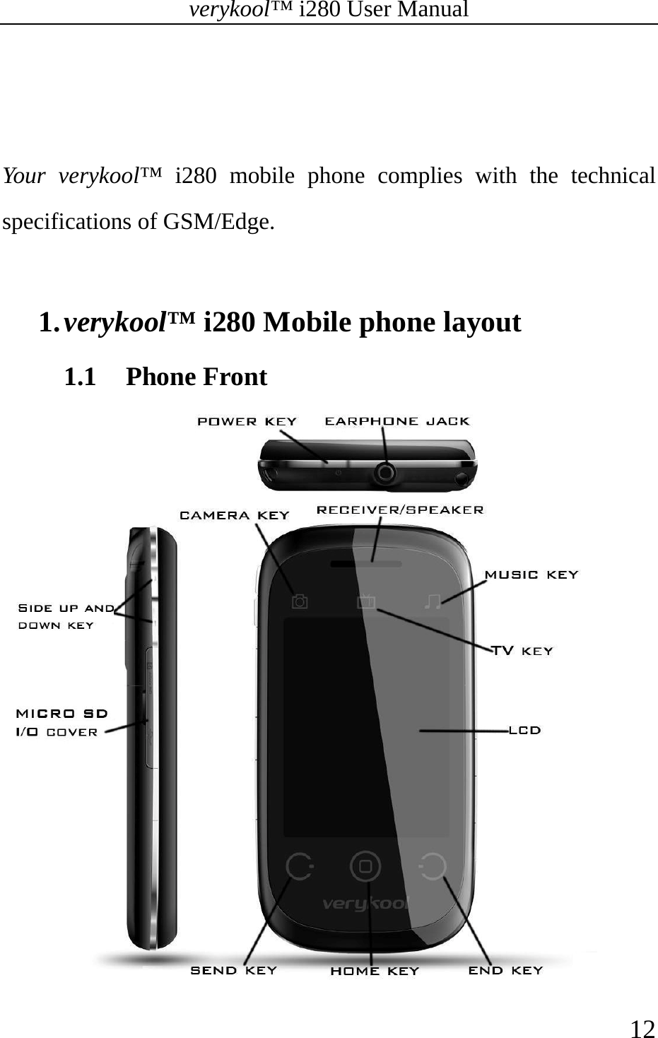 verykool™ i280 User Manual    12    Your verykool™ i280 mobile phone complies with the technical specifications of GSM/Edge.  1. verykool™ i280 Mobile phone layout 1.1 Phone Front  