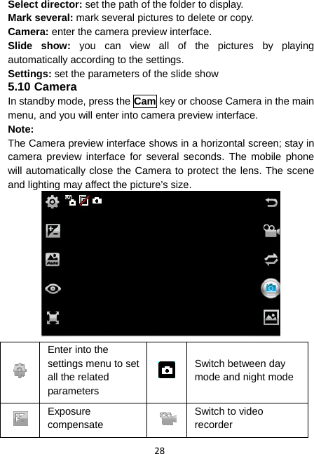 28 Select director: set the path of the folder to display. Mark several: mark several pictures to delete or copy. Camera: enter the camera preview interface. Slide show: you can view all of the pictures by playing automatically according to the settings. Settings: set the parameters of the slide show 5.10 Camera In standby mode, press the Cam key or choose Camera in the main menu, and you will enter into camera preview interface. Note: The Camera preview interface shows in a horizontal screen; stay in camera preview interface for several seconds. The mobile phone will automatically close the Camera to protect the lens. The scene and lighting may affect the picture’s size.   Enter into the settings menu to set all the related parameters Switch between day mode and night mode  Exposure compensate Switch to video recorder 