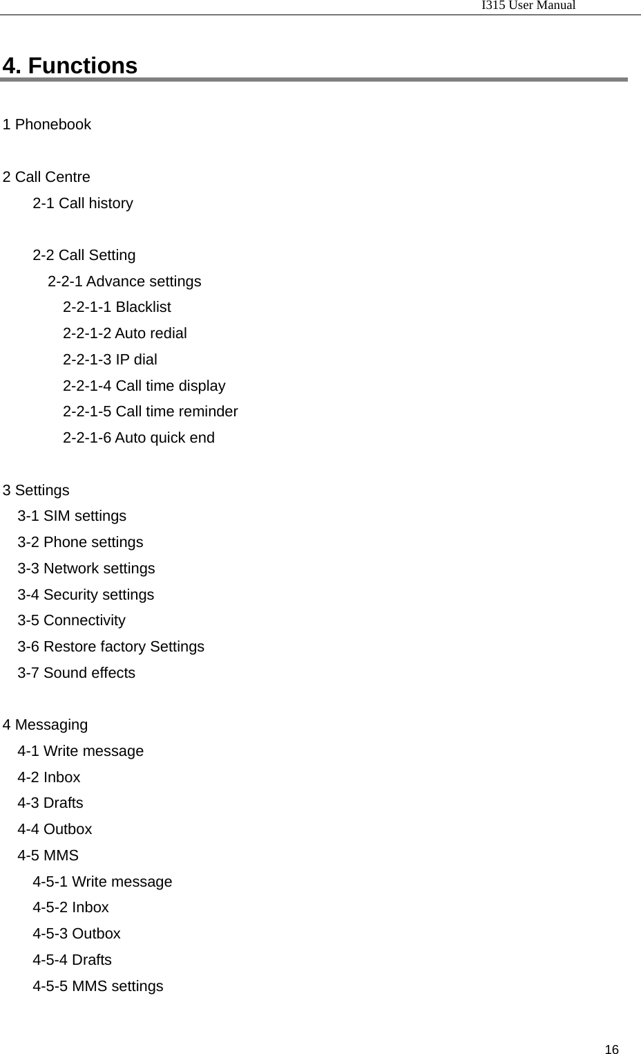                                                                           I315 User Manual                                                              16                     4. Functions 1 Phonebook  2 Call Centre     2-1 Call history          2-2 Call Setting 2-2-1 Advance settings   2-2-1-1 Blacklist 2-2-1-2 Auto redial   2-2-1-3 IP dial   2-2-1-4 Call time display     2-2-1-5 Call time reminder   2-2-1-6 Auto quick end  3 Settings 3-1 SIM settings 3-2 Phone settings 3-3 Network settings 3-4 Security settings 3-5 Connectivity 3-6 Restore factory Settings 3-7 Sound effects  4 Messaging 4-1 Write message 4-2 Inbox 4-3 Drafts 4-4 Outbox 4-5 MMS 4-5-1 Write message 4-5-2 Inbox 4-5-3 Outbox 4-5-4 Drafts 4-5-5 MMS settings 