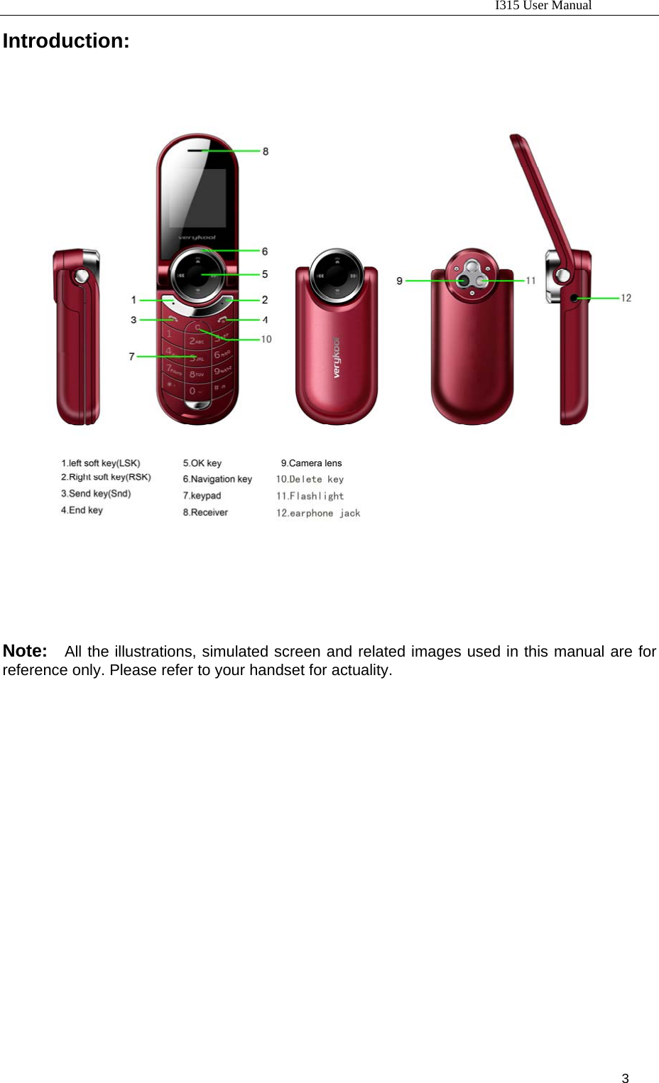                                                                           I315 User Manual                                                              3                      Introduction:        Note: All the illustrations, simulated screen and related images used in this manual are for reference only. Please refer to your handset for actuality.                    