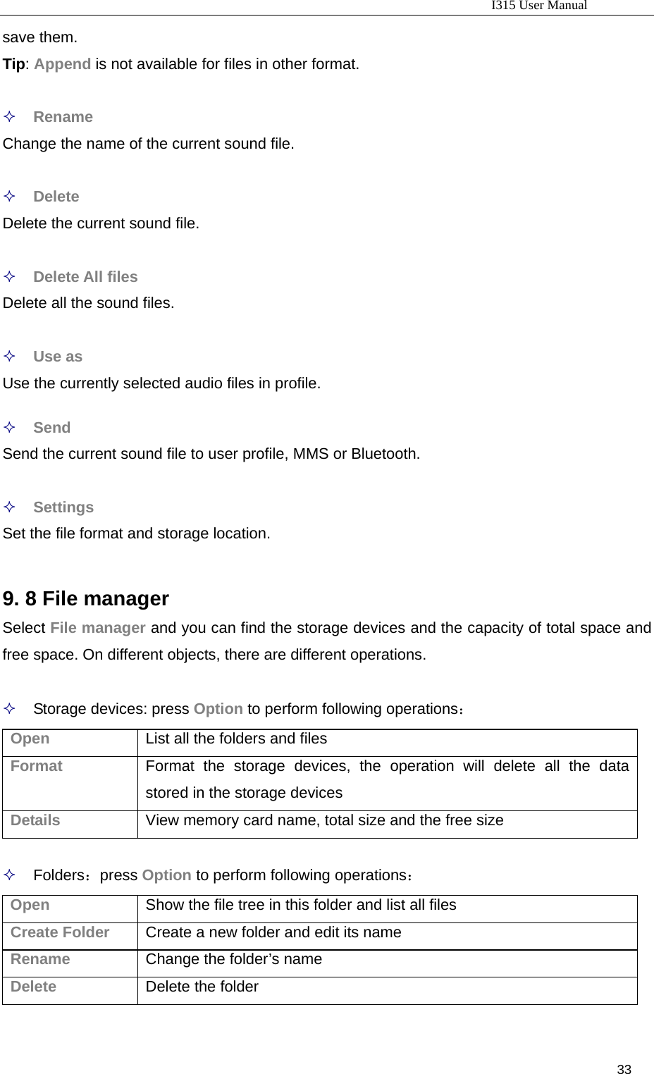                                                                           I315 User Manual                                                              33                     save them. Tip: Append is not available for files in other format.   Rename Change the name of the current sound file.   Delete  Delete the current sound file.   Delete All files Delete all the sound files.   Use as Use the currently selected audio files in profile.   Send Send the current sound file to user profile, MMS or Bluetooth.   Settings  Set the file format and storage location.  9. 8 File manager Select File manager and you can find the storage devices and the capacity of total space and free space. On different objects, there are different operations.   Storage devices: press Option to perform following operations： Open  List all the folders and files Format  Format the storage devices, the operation will delete all the data stored in the storage devices   Details  View memory card name, total size and the free size   Folders：press Option to perform following operations： Open  Show the file tree in this folder and list all files Create Folder  Create a new folder and edit its name Rename  Change the folder’s name Delete  Delete the folder 