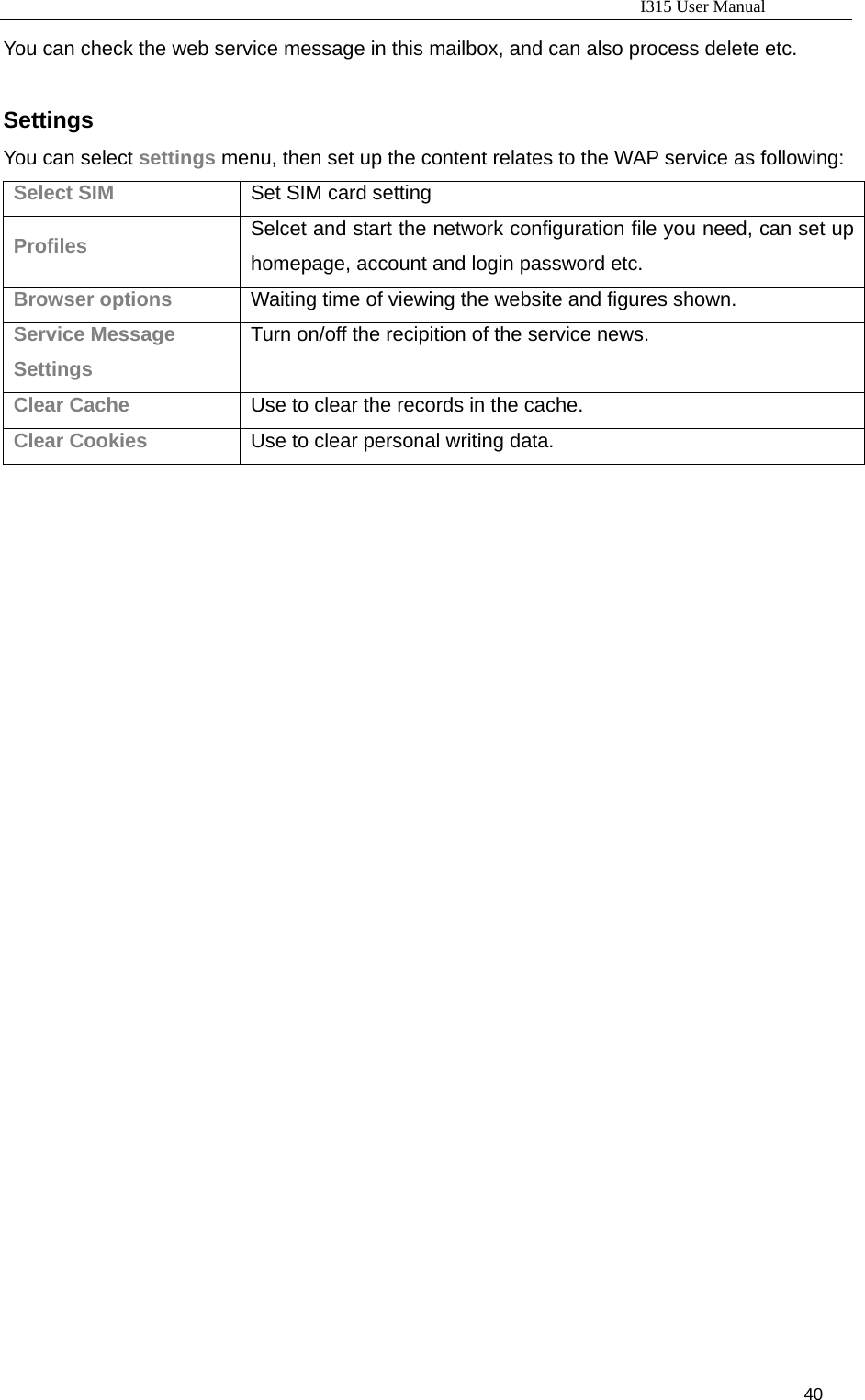                                                                           I315 User Manual                                                              40                     You can check the web service message in this mailbox, and can also process delete etc.  Settings You can select settings menu, then set up the content relates to the WAP service as following:   Select SIM  Set SIM card setting Profiles  Selcet and start the network configuration file you need, can set up homepage, account and login password etc.   Browser options  Waiting time of viewing the website and figures shown.   Service Message Settings Turn on/off the recipition of the service news. Clear Cache  Use to clear the records in the cache. Clear Cookies  Use to clear personal writing data.                                      