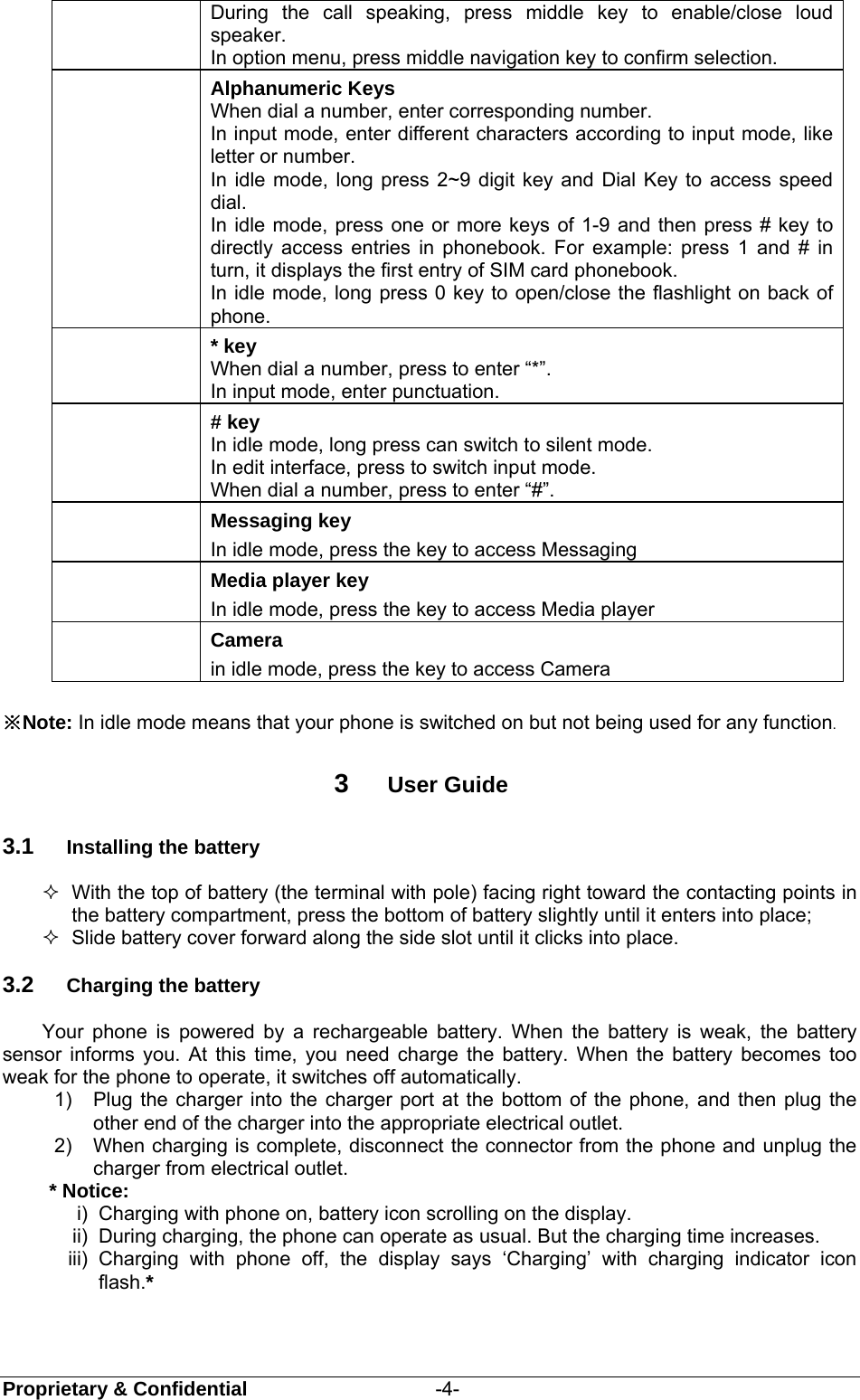  Proprietary &amp; Confidential                   -4- During the call speaking, press middle key to enable/close loud speaker.  In option menu, press middle navigation key to confirm selection.  Alphanumeric Keys When dial a number, enter corresponding number. In input mode, enter different characters according to input mode, like letter or number. In idle mode, long press 2~9 digit key and Dial Key to access speed dial.  In idle mode, press one or more keys of 1-9 and then press # key to directly access entries in phonebook. For example: press 1 and # in turn, it displays the first entry of SIM card phonebook. In idle mode, long press 0 key to open/close the flashlight on back of phone.  * key When dial a number, press to enter “*”. In input mode, enter punctuation.  # key In idle mode, long press can switch to silent mode. In edit interface, press to switch input mode. When dial a number, press to enter “#”.  Messaging key In idle mode, press the key to access Messaging  Media player key In idle mode, press the key to access Media player  Camera in idle mode, press the key to access Camera  ※Note: In idle mode means that your phone is switched on but not being used for any function.  3  User Guide 3.1  Installing the battery   With the top of battery (the terminal with pole) facing right toward the contacting points in the battery compartment, press the bottom of battery slightly until it enters into place;   Slide battery cover forward along the side slot until it clicks into place. 3.2  Charging the battery Your phone is powered by a rechargeable battery. When the battery is weak, the battery sensor informs you. At this time, you need charge the battery. When the battery becomes too weak for the phone to operate, it switches off automatically.   1)  Plug the charger into the charger port at the bottom of the phone, and then plug the other end of the charger into the appropriate electrical outlet.   2)  When charging is complete, disconnect the connector from the phone and unplug the charger from electrical outlet. * Notice:   i)  Charging with phone on, battery icon scrolling on the display. ii)  During charging, the phone can operate as usual. But the charging time increases. iii) Charging with phone off, the display says ‘Charging’ with charging indicator icon flash.* 