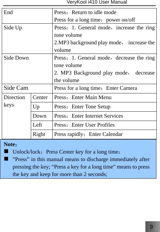 9                               VeryKool i410 User Manual  End Press：Return to idle mode Press for a long time：power on/off Side Up  Press：1. General mode，increase the ring tone volume  2.MP3 background play mode， increase the volume Side Down  Press：1. General mode，decrease the ring tone volume  2. MP3 Background play mode， decrease the volume Side Cam Press for a long time：Enter Camera Direction keys Center Press：Enter Main Menu Up Press：Enter Tone Setup Down Press：Enter Internet Services Left Press：Enter User Profiles Right Press rapidly：Enter Calendar Note：  Unlock/lock：Press Center key for a long time；  ”Press” in this manual means to discharge immediately after pressing the key; “Press a key for a long time” means to press the key and keep for more than 2 seconds;   