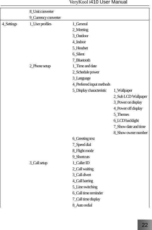 22                                   VeryKool i410 User Manual  8_Unit converter 9_Currency converter 4_Settings 1_User profiles       2_Phone setup                3_Call setup        1_General 2_Meeting 3_Outdoor 4_Indoor 5_Headset 6_Silent 7_Bluetooth 1_Time and date 2_Schedule power 3_Language 4_Preferred input methods5_Display characteristic        6_Greeting text 7_Speed dial 8_Flight mode 9_Shortcuts 1_Caller ID 2_Call waiting 3_Call divert 4_Call barring 5_Line switching 6_Call time reminder 7_Call time display 8_Auto redial            1_Wallpaper 2_Sub LCD Wallpaper3_Power on display 4_Power off display 5_Themes 6_LCD backlight 7_Show date and time 8_Show owner number