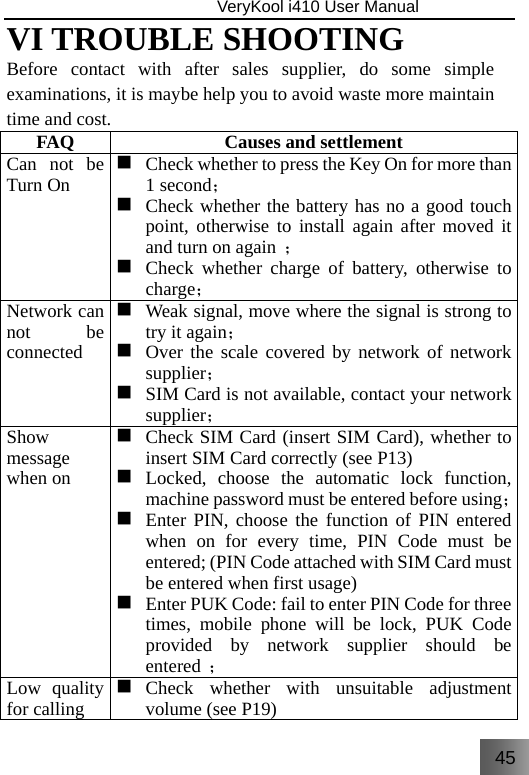 45                               VeryKool i410 User Manual  VI TROUBLE SHOOTING Before contact with after sales supplier, do some simple examinations, it is maybe help you to avoid waste more maintain time and cost. FAQ  Causes and settlementCan not be Turn On  Check whether to press the Key On for more than 1 second；  Check whether the battery has no a good touch point, otherwise to install again after moved it and turn on again ；  Check whether charge of battery, otherwise to charge；Network can not be connected  Weak signal, move where the signal is strong to try it again；  Over the scale covered by network of network supplier；   SIM Card is not available, contact your network supplier；Show message when on   Check SIM Card (insert SIM Card), whether to insert SIM Card correctly (see P13)  Locked, choose the automatic lock function, machine password must be entered before using； Enter PIN, choose the function of PIN entered when on for every time, PIN Code must be entered; (PIN Code attached with SIM Card must be entered when first usage)  Enter PUK Code: fail to enter PIN Code for three times, mobile phone will be lock, PUK Code provided by network supplier should be entered ；Low quality for calling  Check whether with unsuitable adjustment volume (see P19)