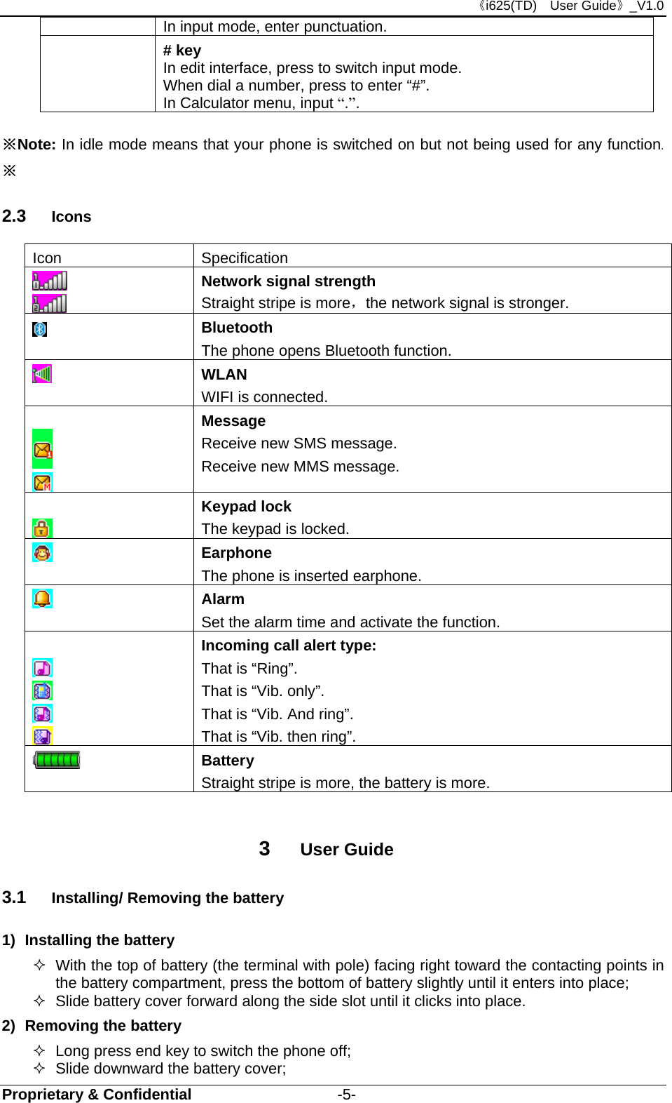 《i625(TD)  User Guide》_V1.0 Proprietary &amp; Confidential                   -5- In input mode, enter punctuation.  # key In edit interface, press to switch input mode. When dial a number, press to enter “#”. In Calculator menu, input “.”.  ※Note: In idle mode means that your phone is switched on but not being used for any function. ※ 2.3  Icons Icon Specification   Network signal strength Straight stripe is more，the network signal is stronger.  Bluetooth The phone opens Bluetooth function.    WLAN WIFI is connected.    Message Receive new SMS message. Receive new MMS message.   Keypad lock The keypad is locked.  Earphone The phone is inserted earphone.    Alarm Set the alarm time and activate the function.      Incoming call alert type: That is “Ring”. That is “Vib. only”. That is “Vib. And ring”. That is “Vib. then ring”.  Battery Straight stripe is more, the battery is more.  3  User Guide 3.1  Installing/ Removing the battery 1)  Installing the battery   With the top of battery (the terminal with pole) facing right toward the contacting points in the battery compartment, press the bottom of battery slightly until it enters into place;   Slide battery cover forward along the side slot until it clicks into place. 2)  Removing the battery   Long press end key to switch the phone off;   Slide downward the battery cover; 